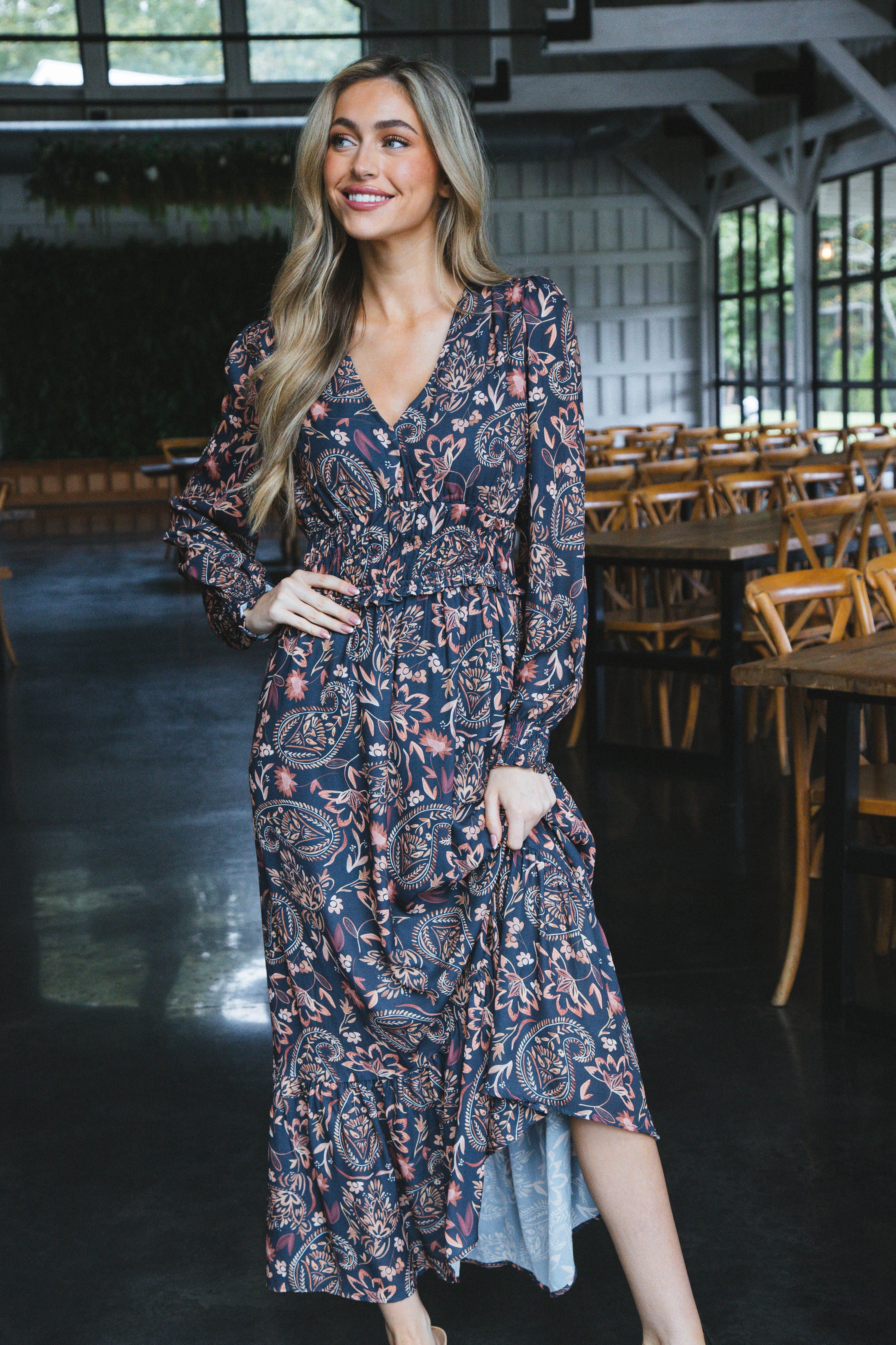 Bryn Paisley Maxi Dress, Navy/Brown sold by North & Main Clothing Company product image thumbnail 4