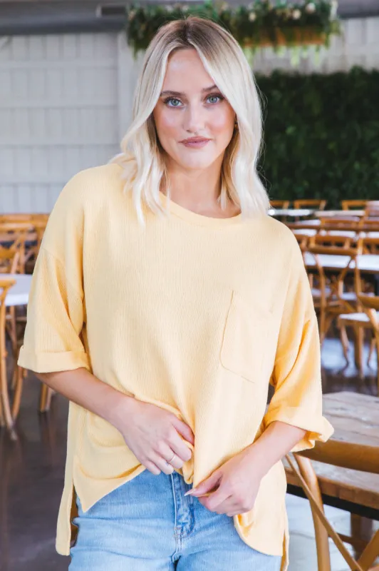 Samantha Drop Shoulder Front Pocket Top, Yellow sold by North & Main Clothing Company