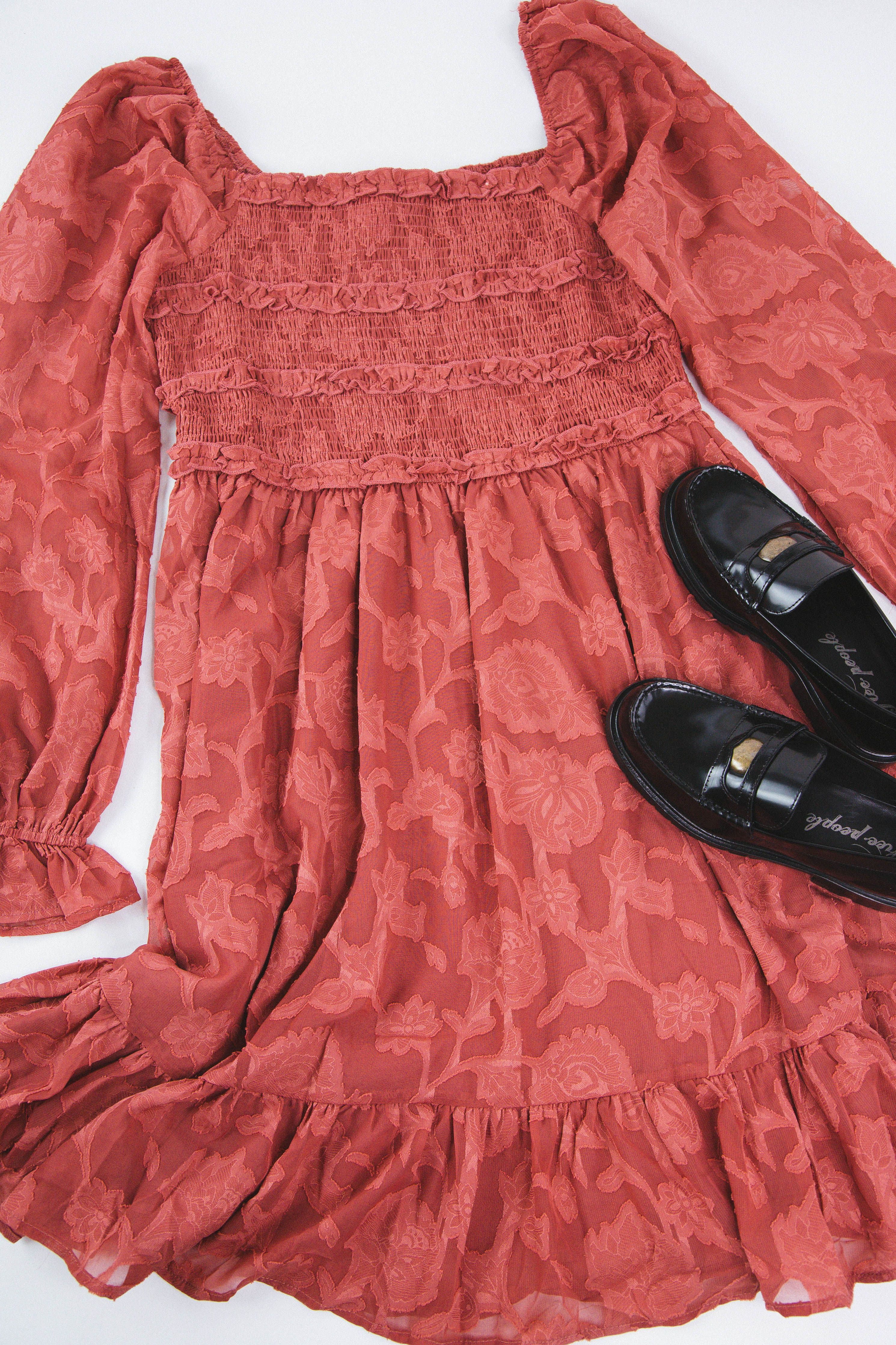 Jacquard Square Neck Smocked Bodice Dress, Terra Cotta | Plus Size sold by North & Main Clothing Company