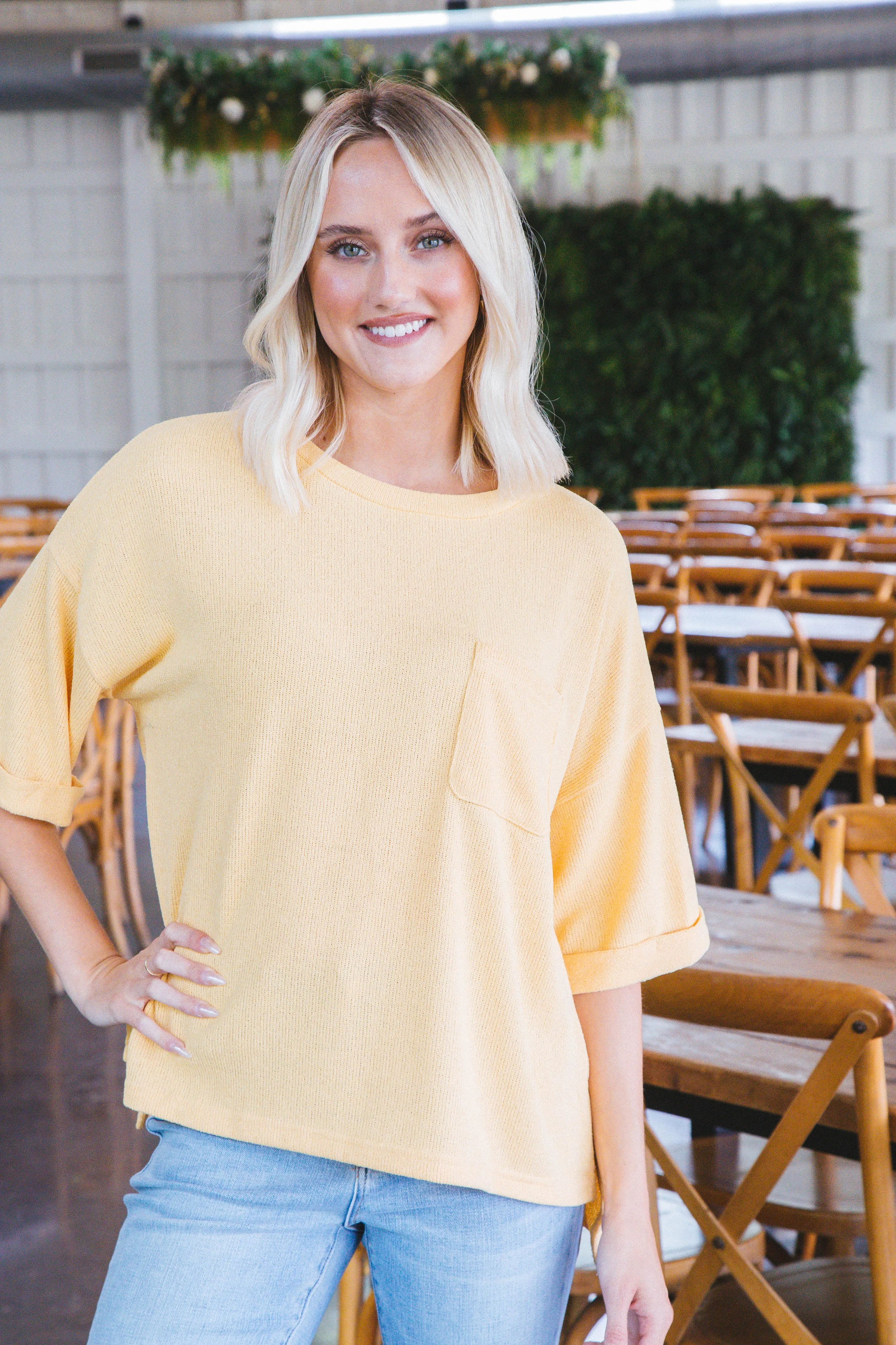 Samantha Drop Shoulder Front Pocket Top, Yellow sold by North & Main Clothing Company product image thumbnail 4