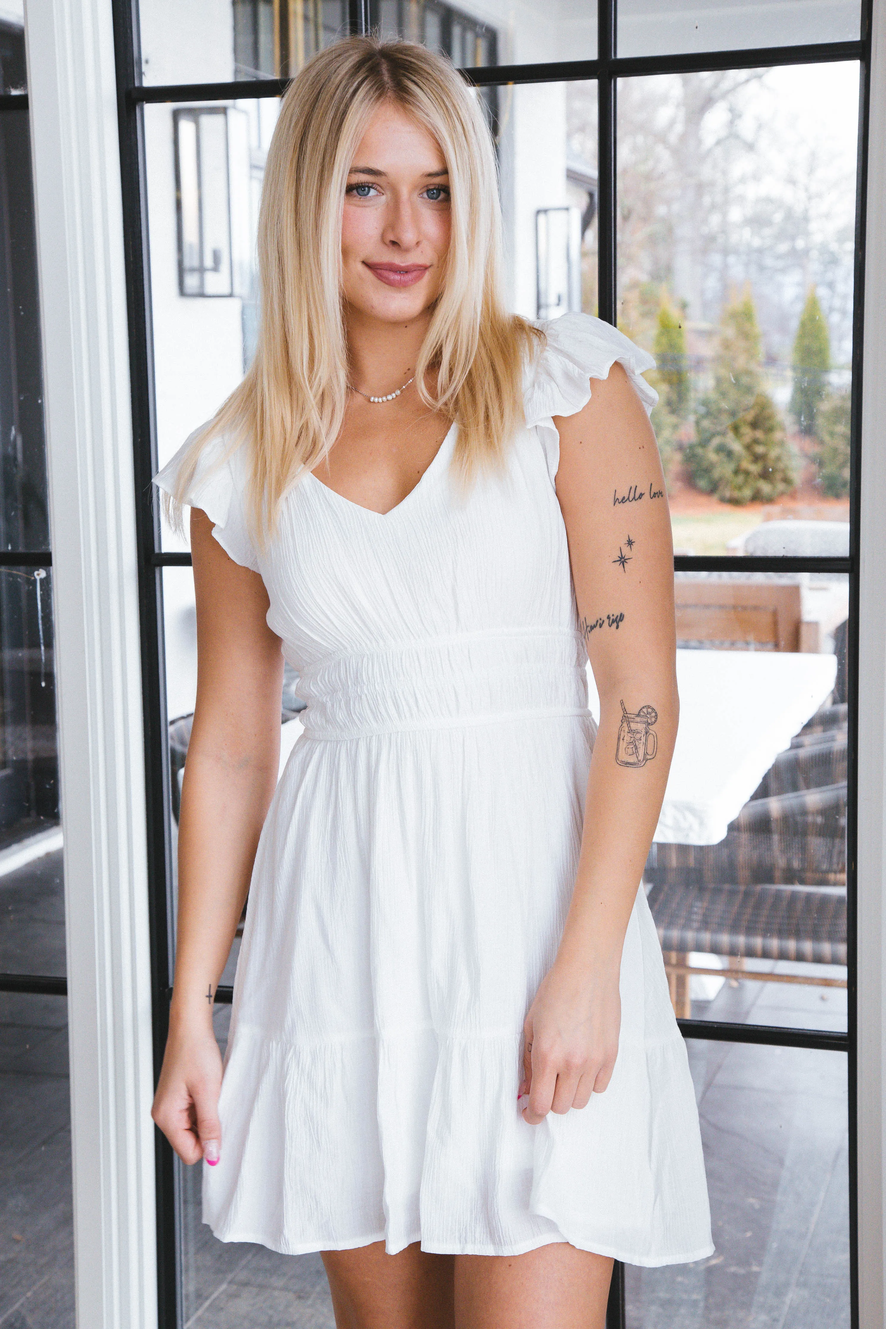 Winona Shirred Waist Mini Dress, White sold by North & Main Clothing Company