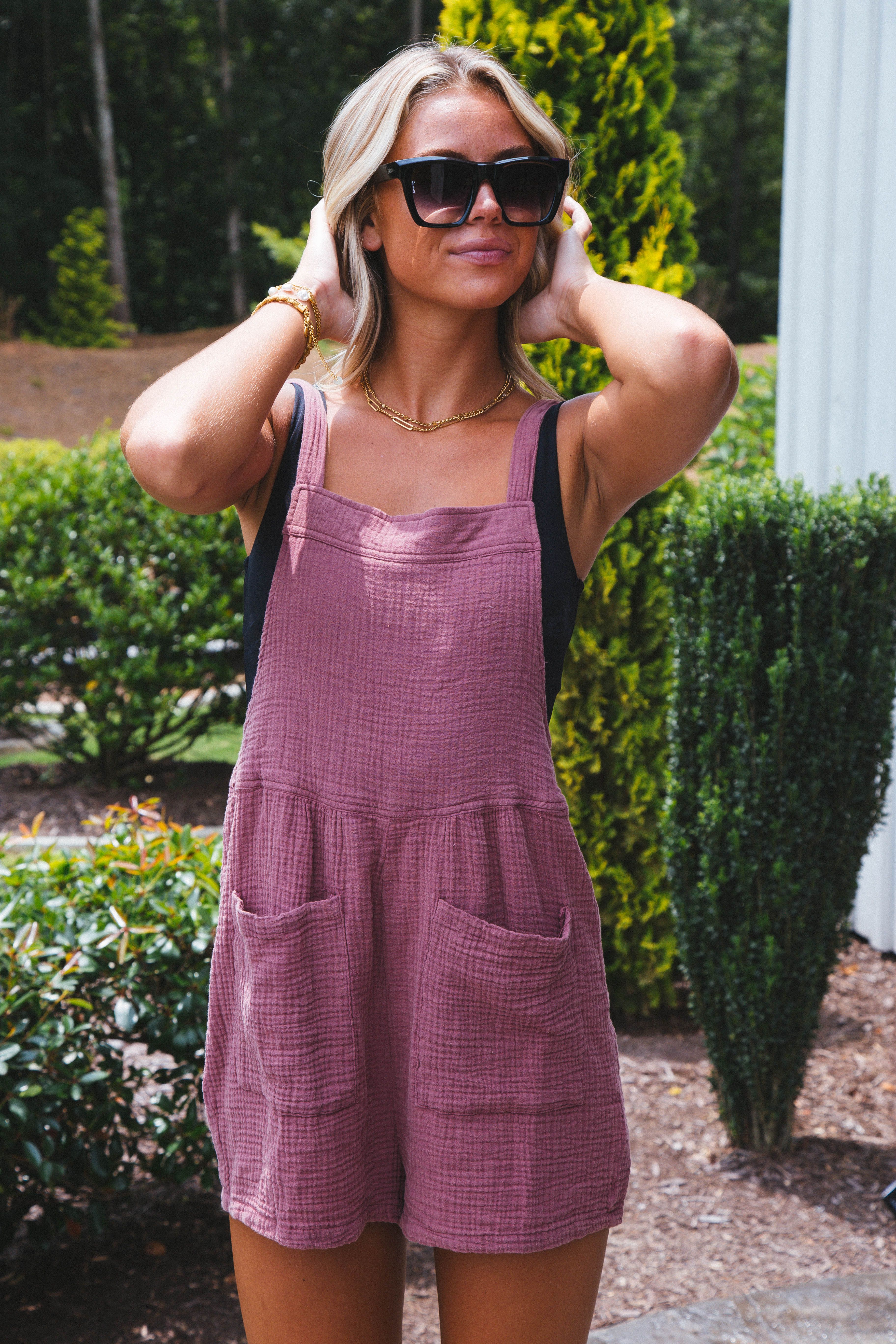 Crinkle Gauzed Overall Romper, Brick sold by North & Main Clothing Company