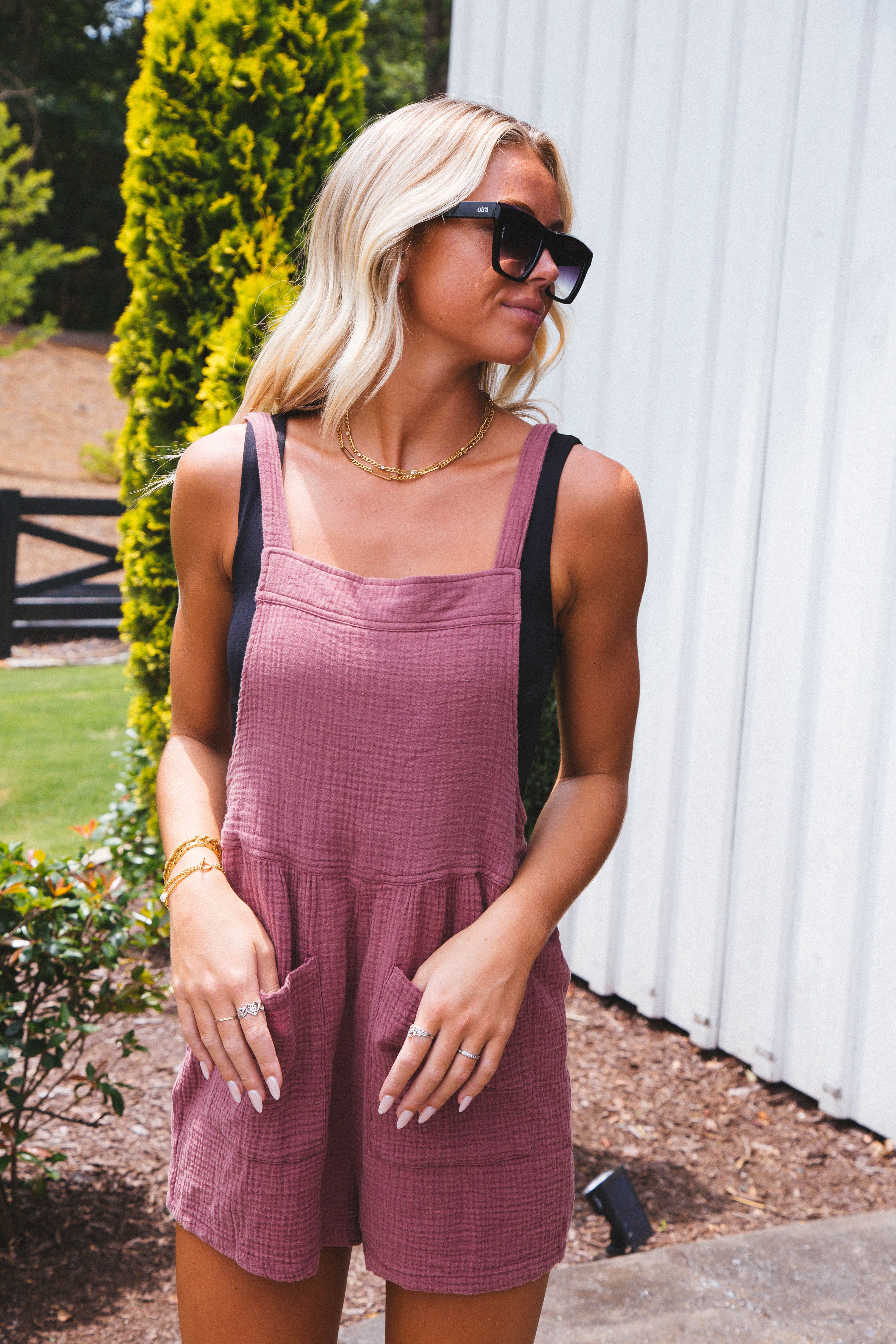 Crinkle Gauzed Overall Romper, Brick sold by North & Main Clothing Company product image thumbnail 6