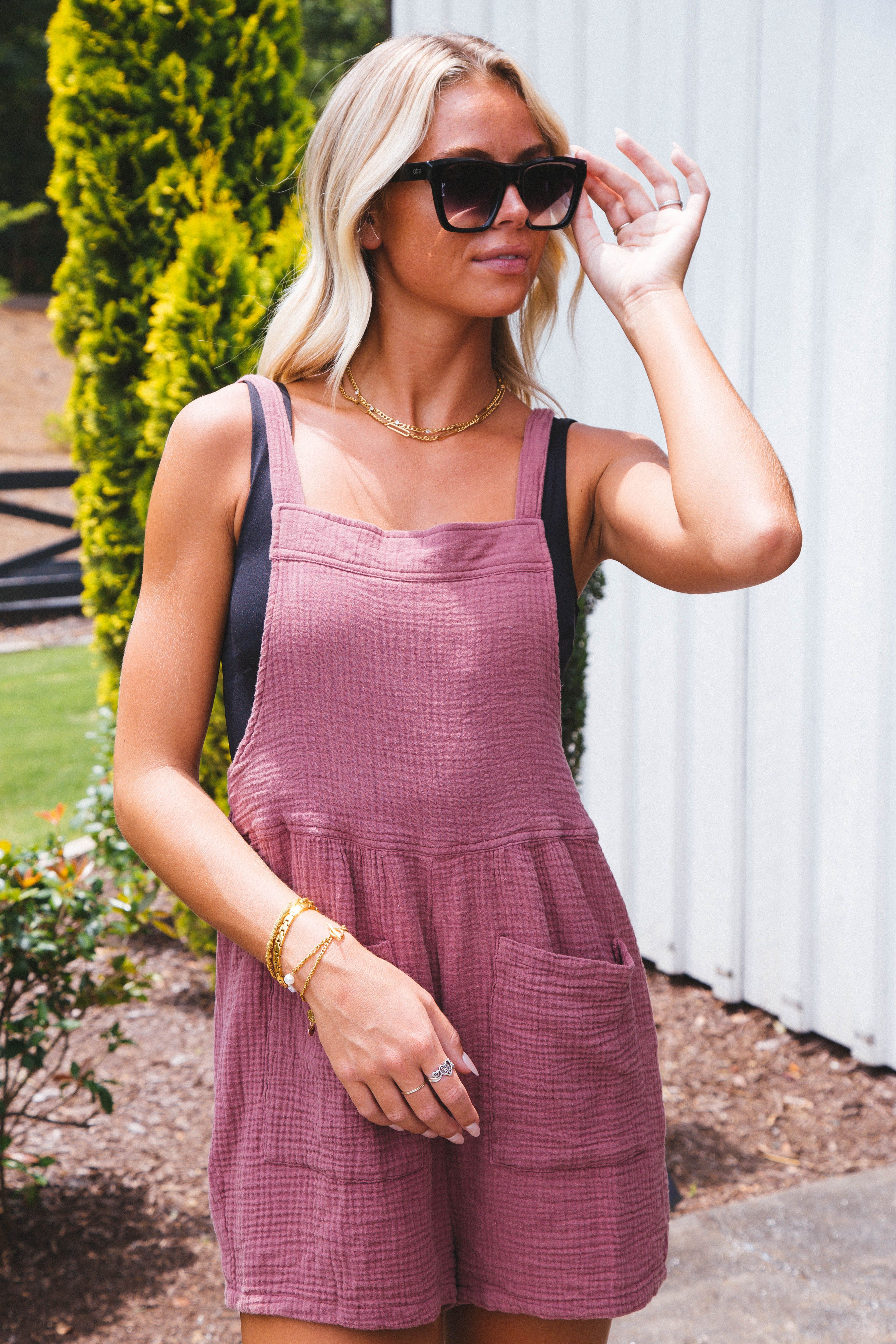 Crinkle Gauzed Overall Romper, Brick sold by North & Main Clothing Company product image thumbnail 7