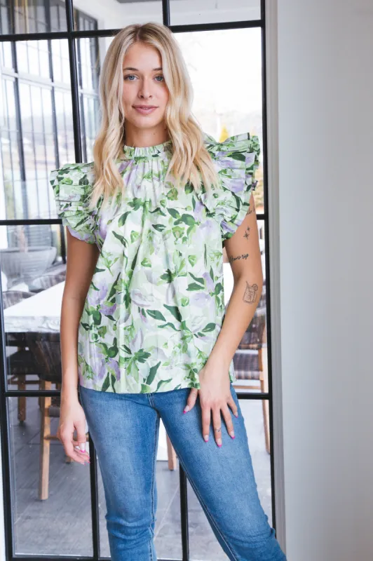 Aubrie Printed Ruffle Detail Top, Apple Green sold by North & Main Clothing Company