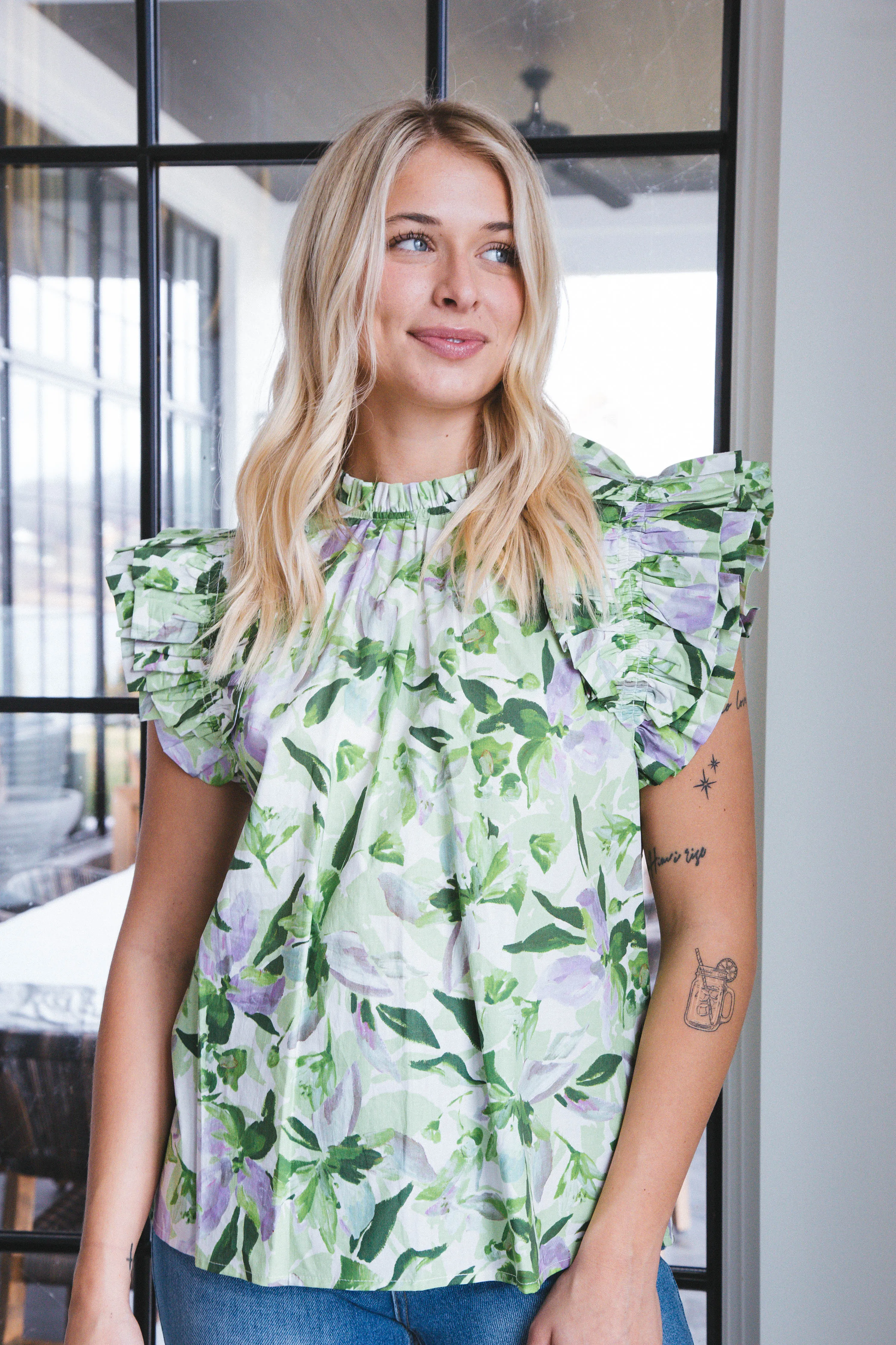 Aubrie Printed Ruffle Detail Top, Apple Green sold by North & Main Clothing Company product image thumbnail 4