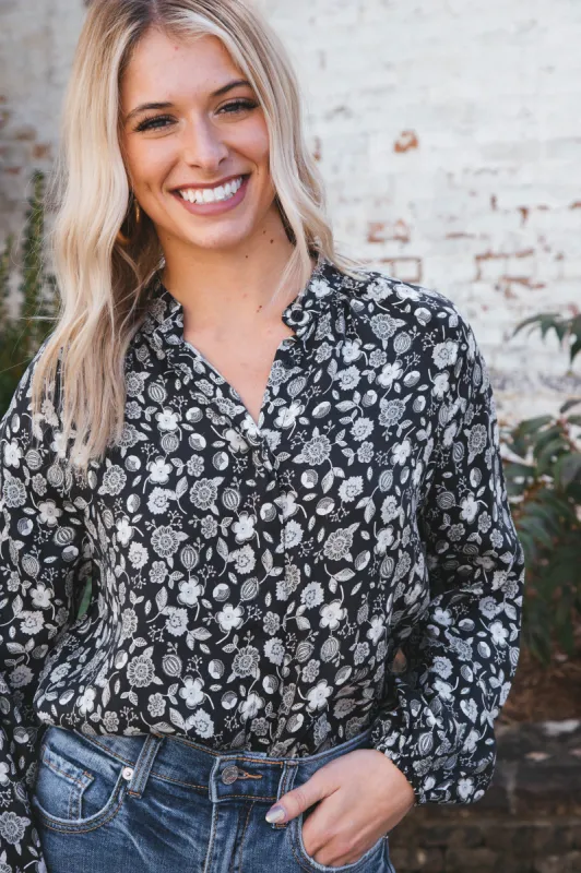 Saya Printed Button Up Top, Black Jade | Velvet Heart sold by North & Main Clothing Company
