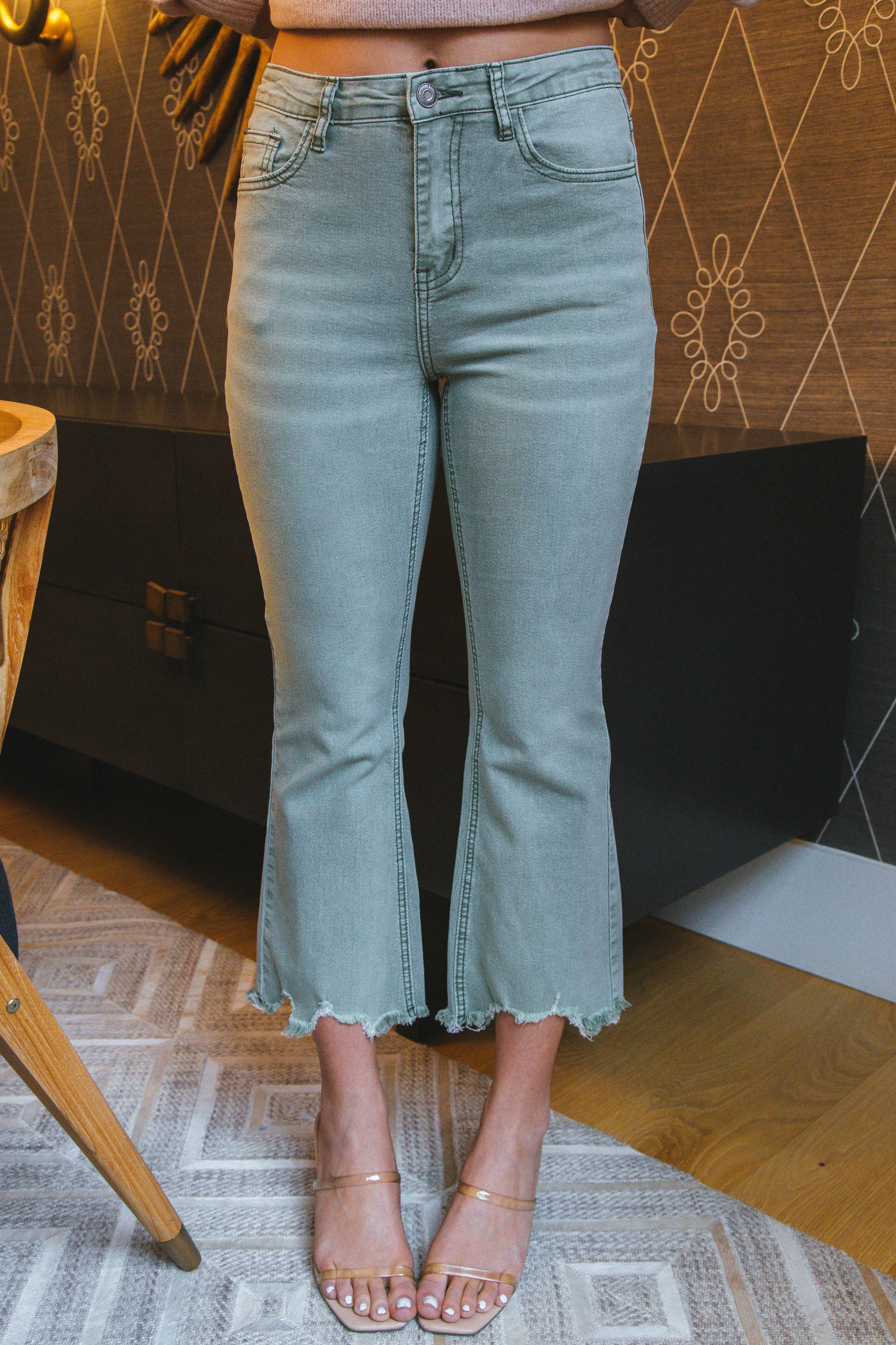 Kenna High Rise Raw Hem Jeans, Olive sold by North & Main Clothing Company