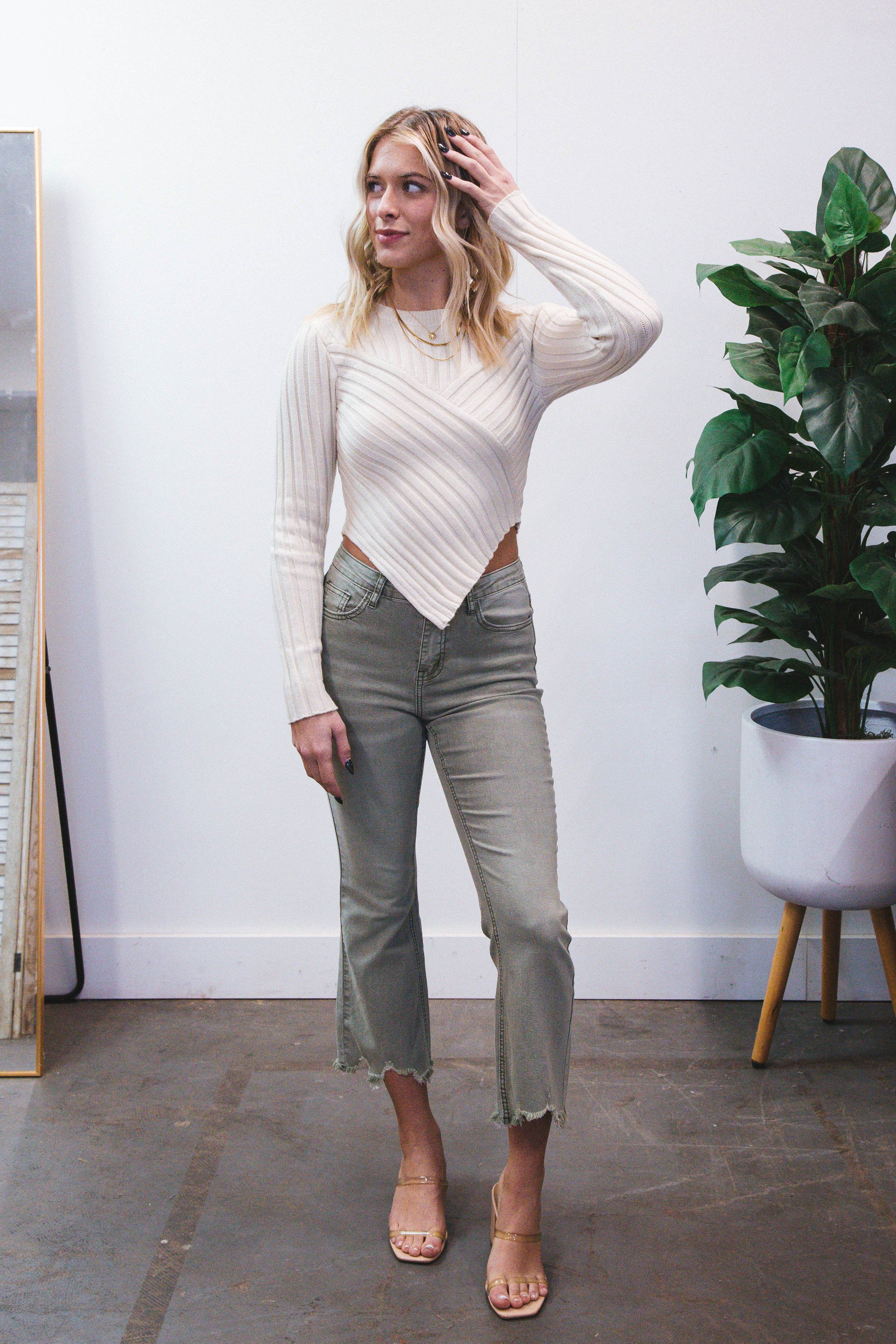 Kenna High Rise Raw Hem Jeans, Olive sold by North & Main Clothing Company product image thumbnail 5