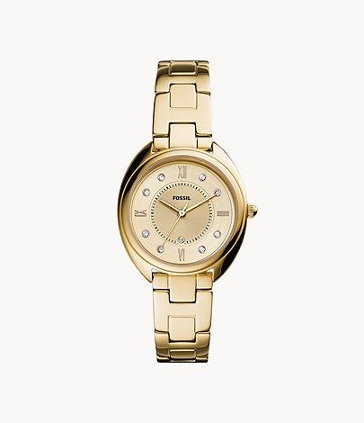 Gabby Three-Hand Date Gold-Tone Stainless Steel Watch, Gold | FOSSIL sold by North & Main Clothing Company