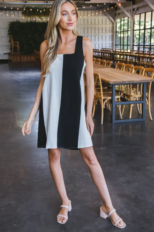 Valeria Colorblock Linen Blend Dress, Oatmeal/Black sold by North & Main Clothing Company