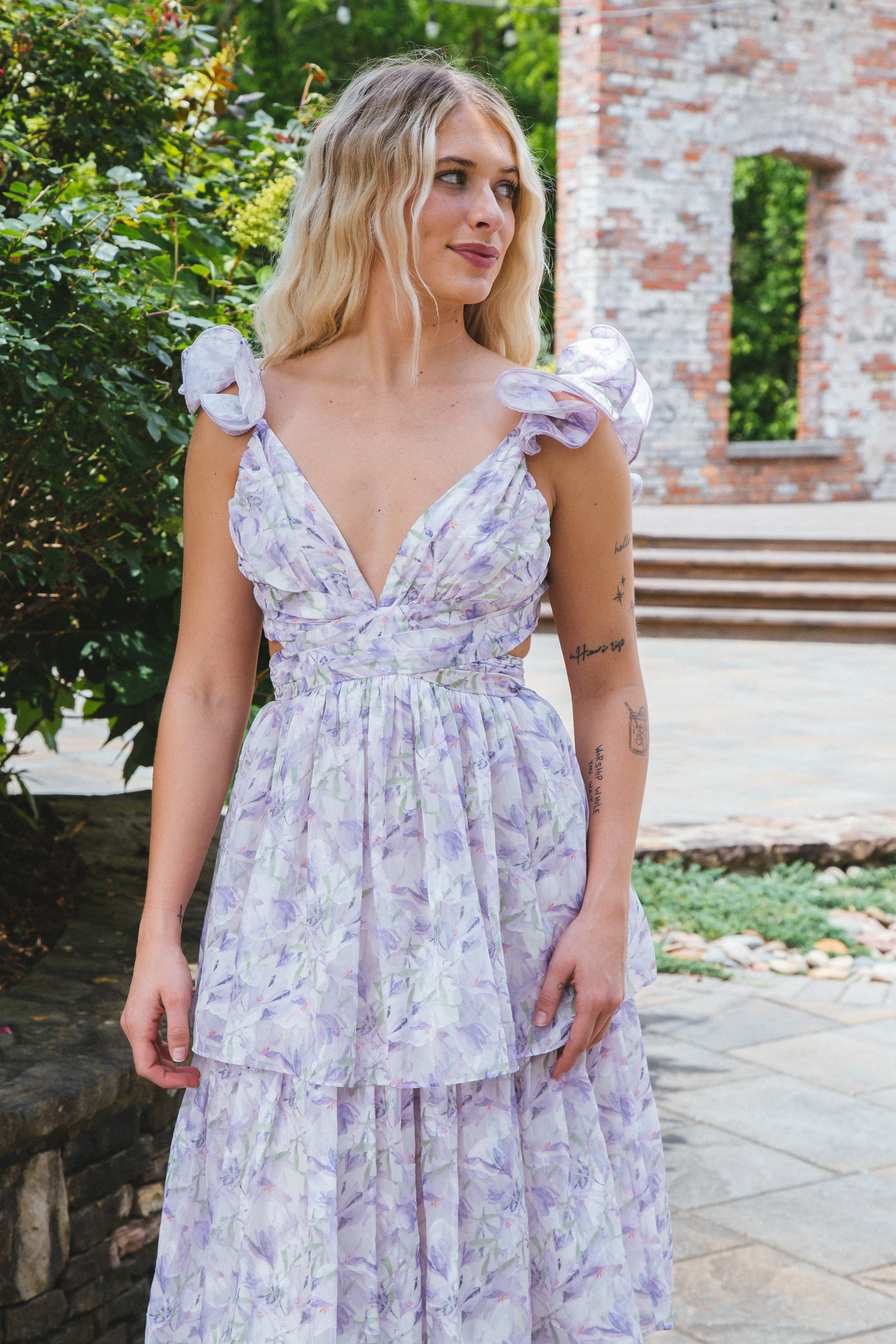 Sydney Ruffle Straps Maxi Dress, Purple Floral sold by North & Main Clothing Company