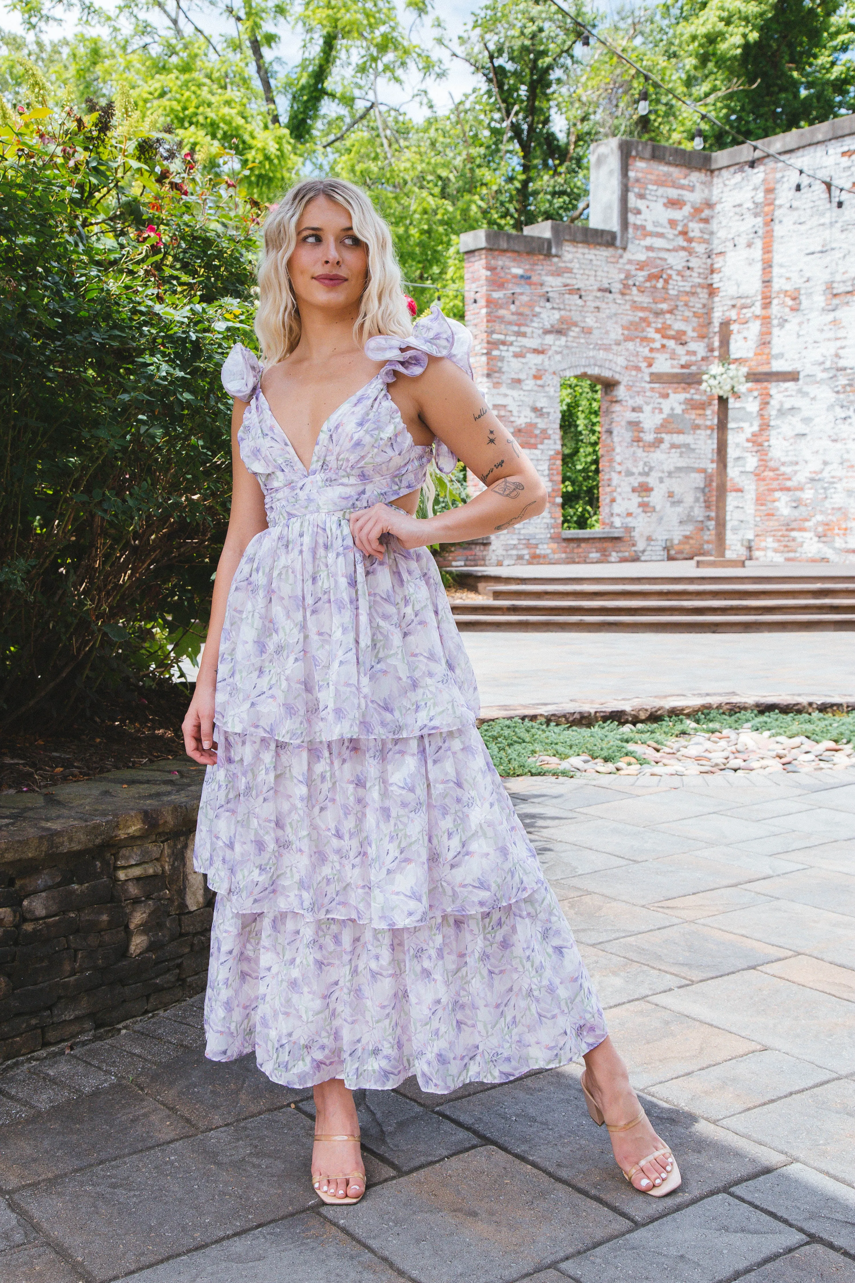 Sydney Ruffle Straps Maxi Dress, Purple Floral sold by North & Main Clothing Company product image thumbnail 4
