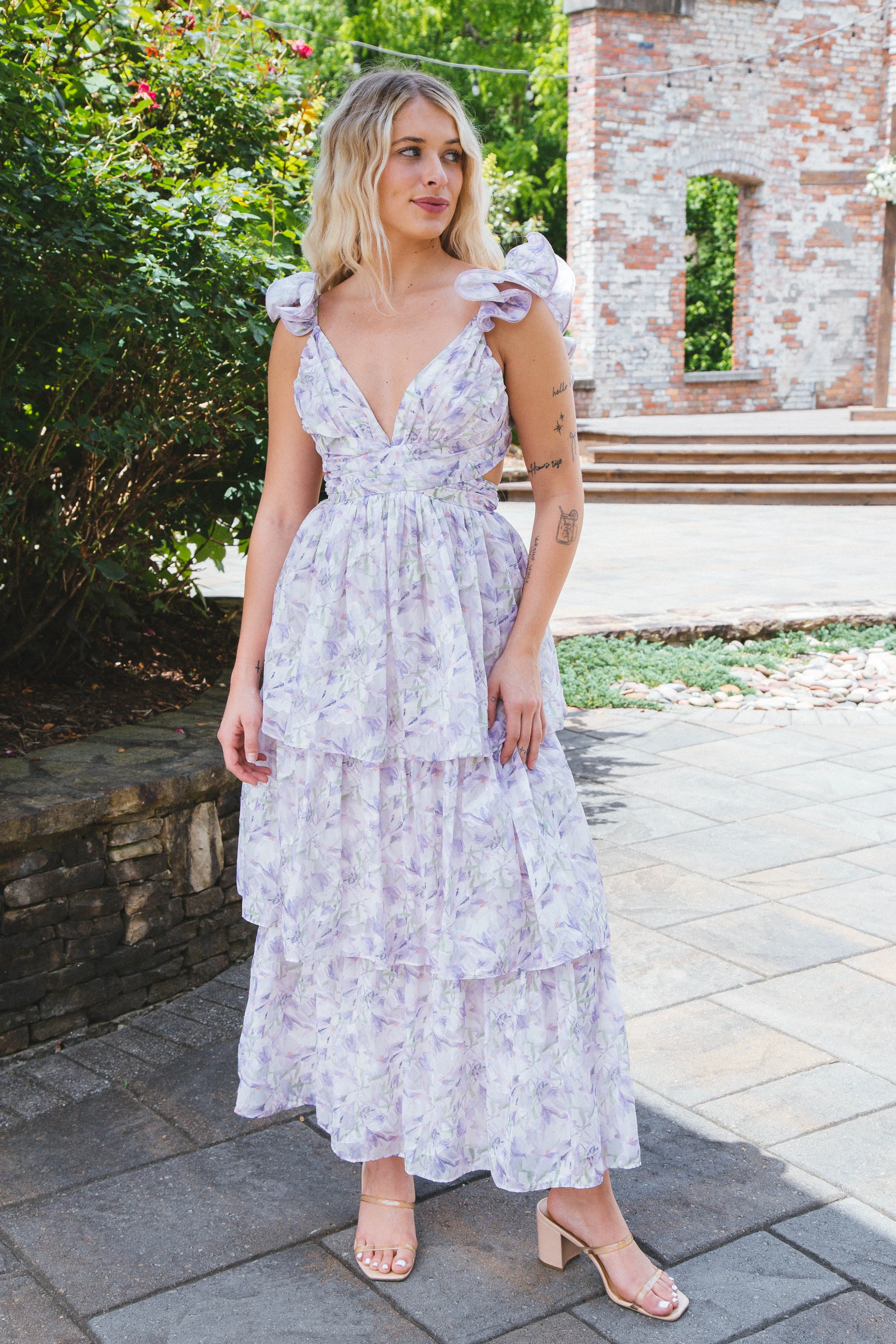 Sydney Ruffle Straps Maxi Dress, Purple Floral sold by North & Main Clothing Company product image thumbnail 5