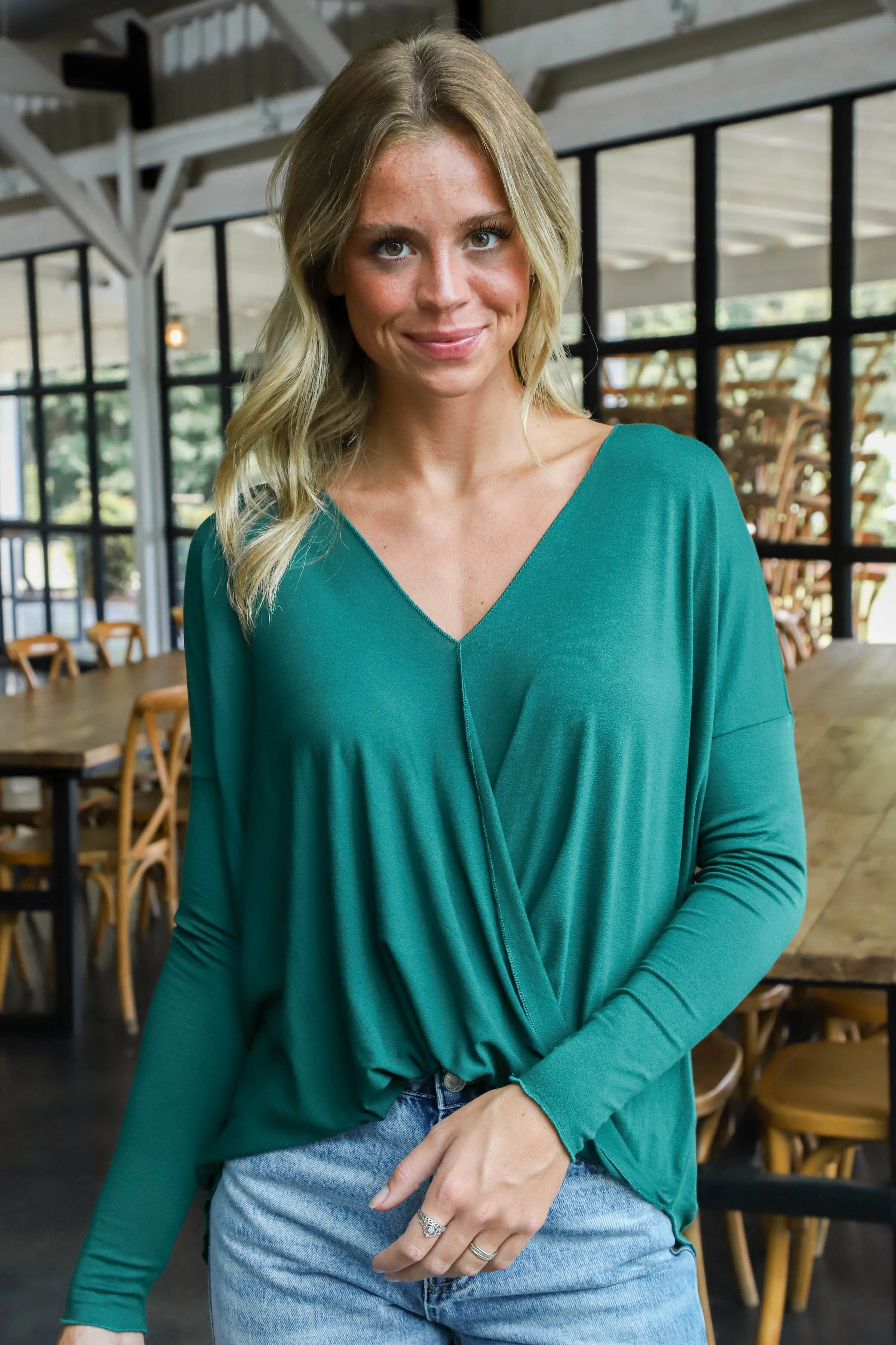 Elisabeth Draped Surplice Top, Dark Green sold by North & Main Clothing Company product image thumbnail 4