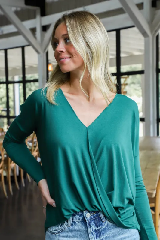 Elisabeth Draped Surplice Top, Dark Green made by HYFVE