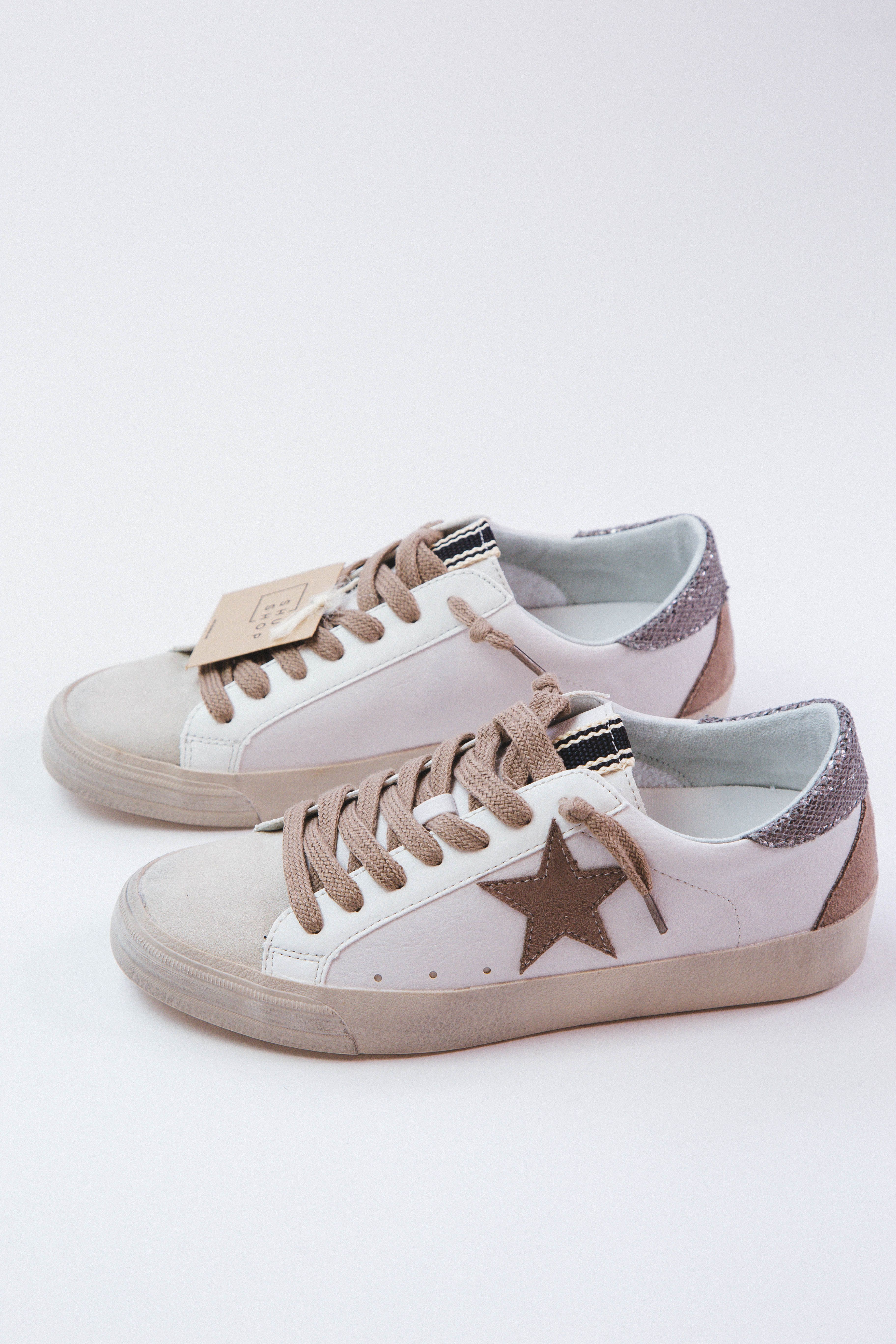 Pilar Lace Up Star Sneaker, White/Taupe | SHUSHOP sold by North & Main Clothing Company