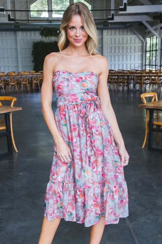 Zahra Floral Ruffle Hem Midi Dress, Pink Multi sold by North & Main Clothing Company