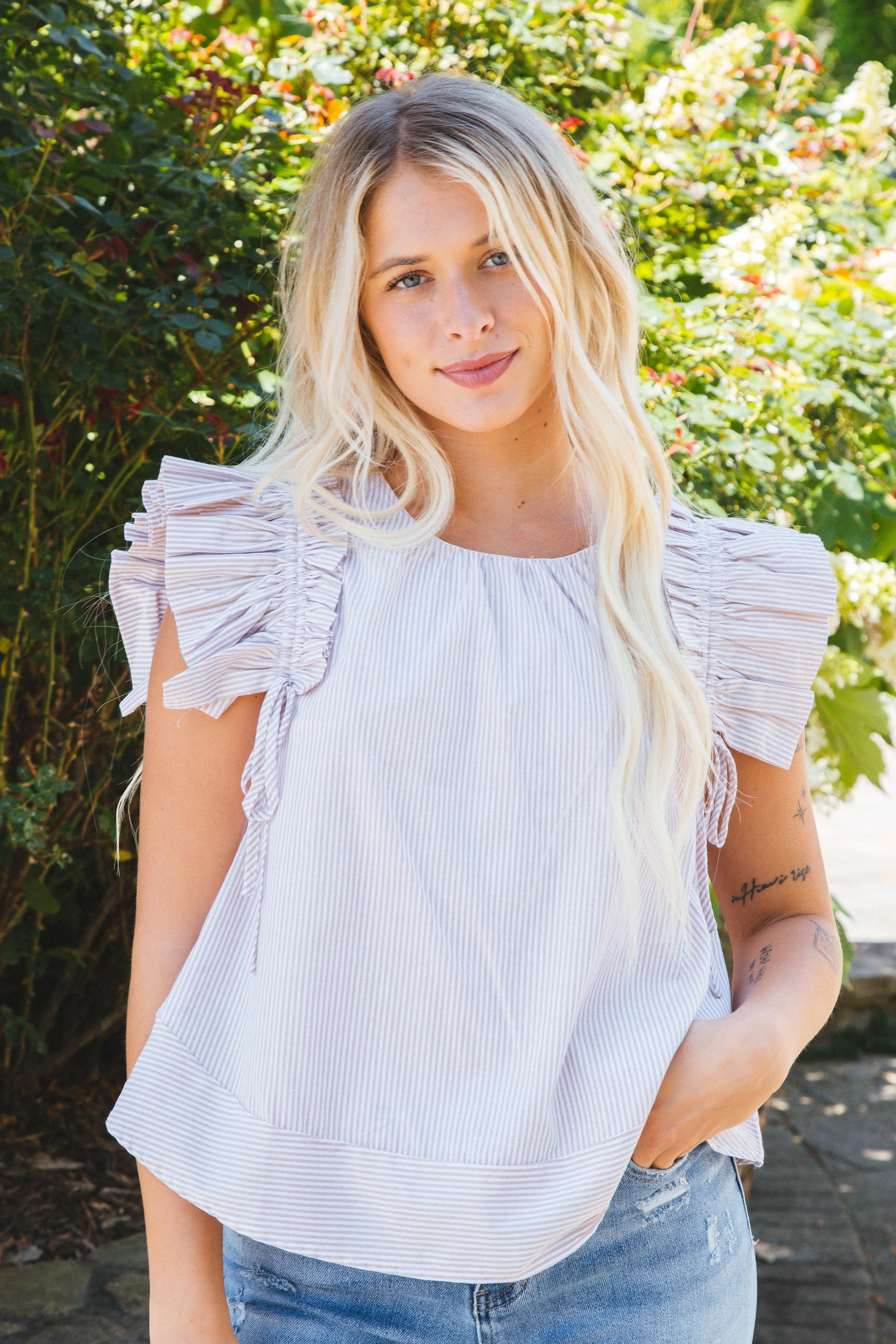 Esther Pin Stripe Flutter Sleeve Top, Taupe sold by North & Main Clothing Company product image thumbnail 3