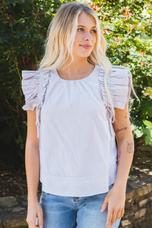 Esther Pin Stripe Flutter Sleeve Top, Taupe sold by North & Main Clothing Company