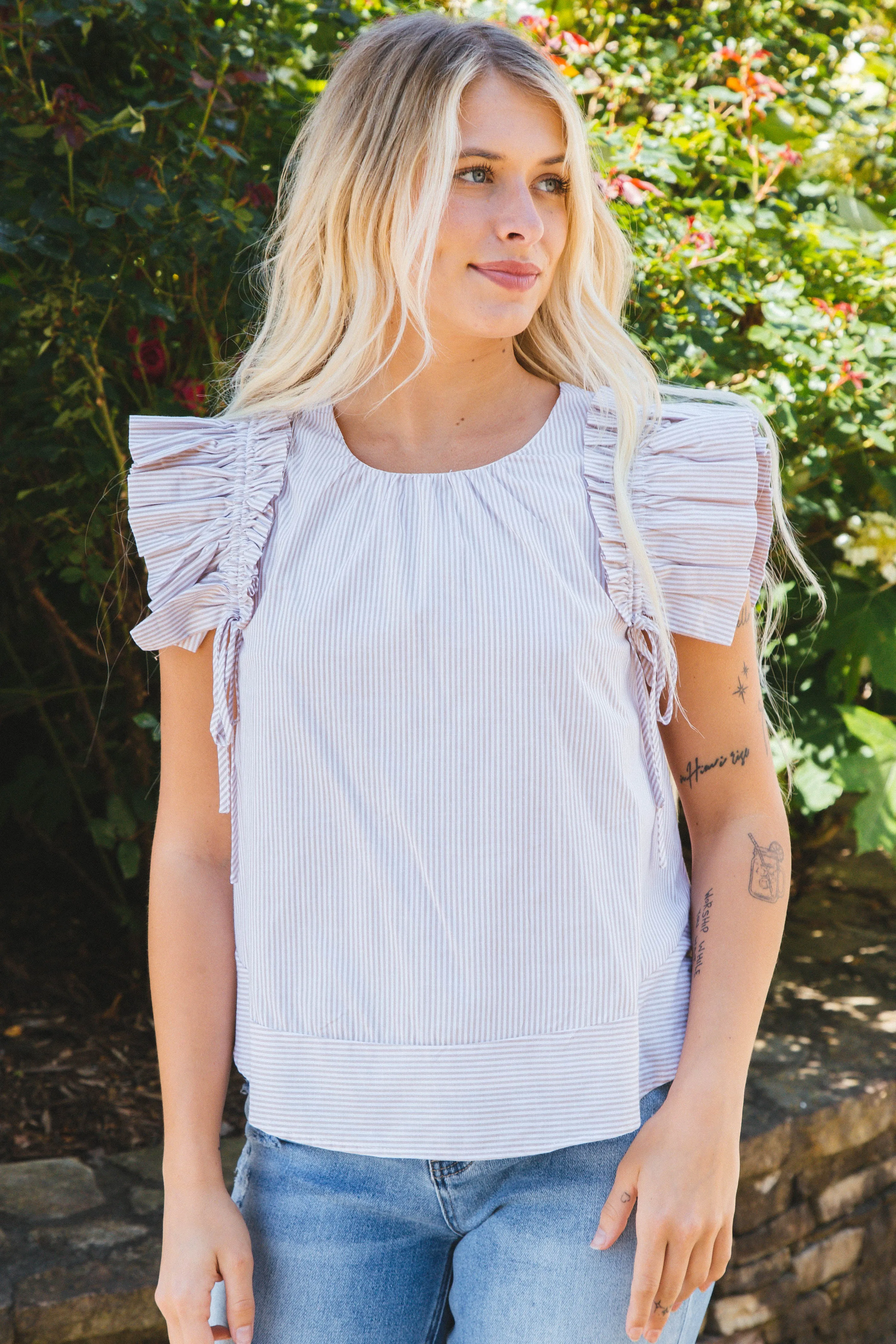 Esther Pin Stripe Flutter Sleeve Top, Taupe sold by North & Main Clothing Company