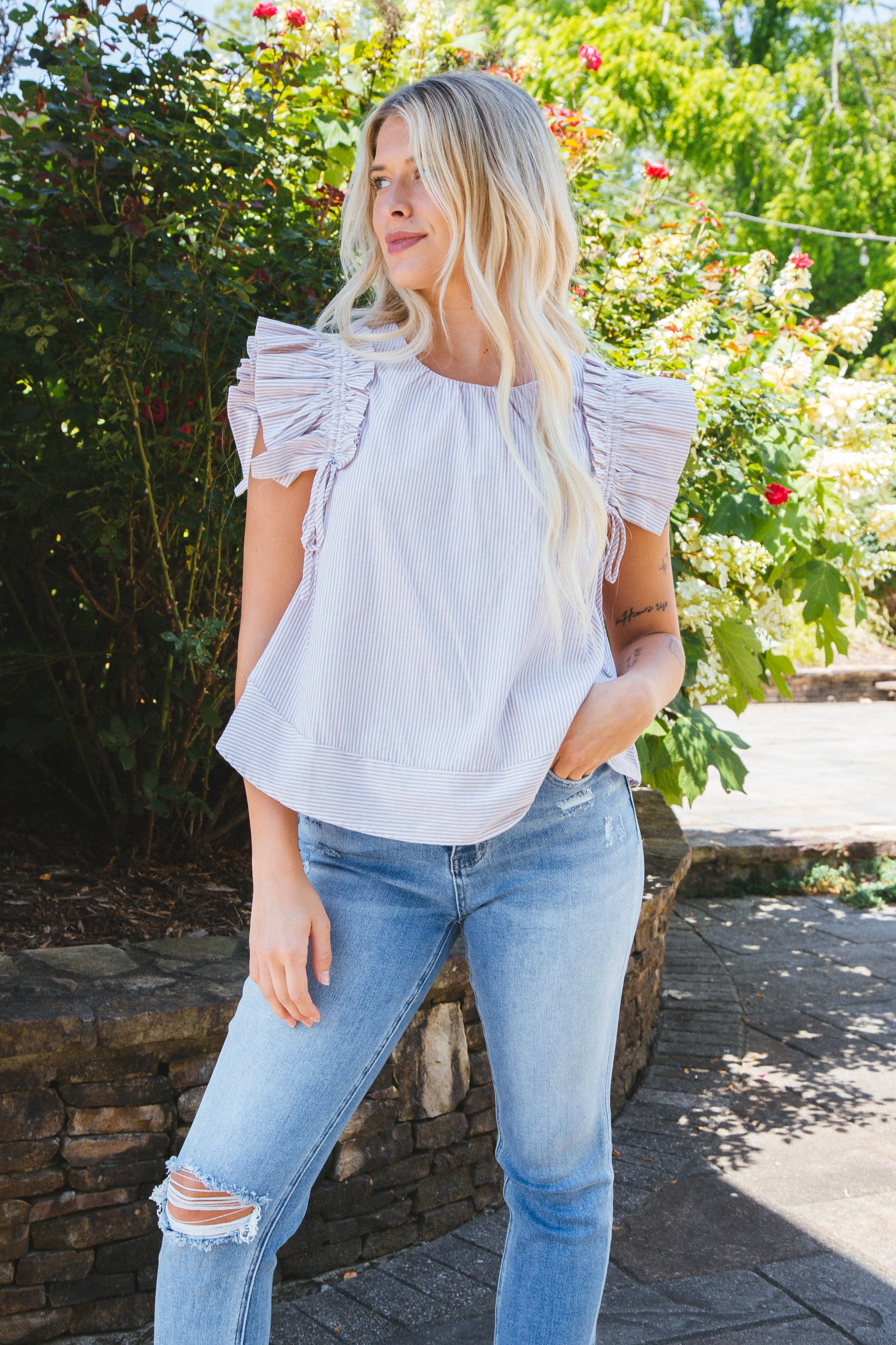 Esther Pin Stripe Flutter Sleeve Top, Taupe sold by North & Main Clothing Company product image thumbnail 4