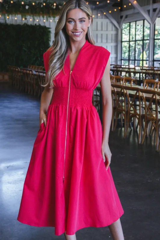 Rylie Solid Zip Up Midi Dress, Red sold by North & Main Clothing Company