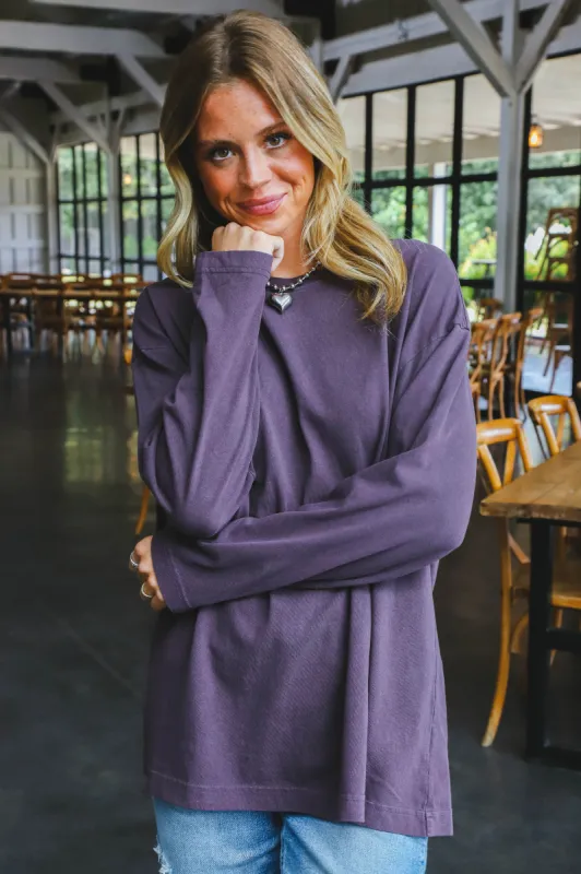 Simone Oversized Long Sleeve Tee, Dark Plum sold by North & Main Clothing Company