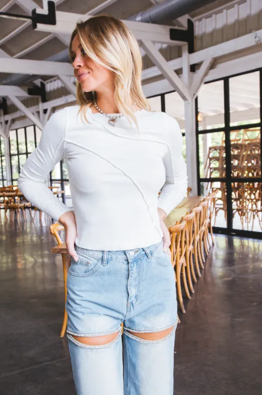 Rory Contrast Seam Ribbed Top, Off White made by HYFVE