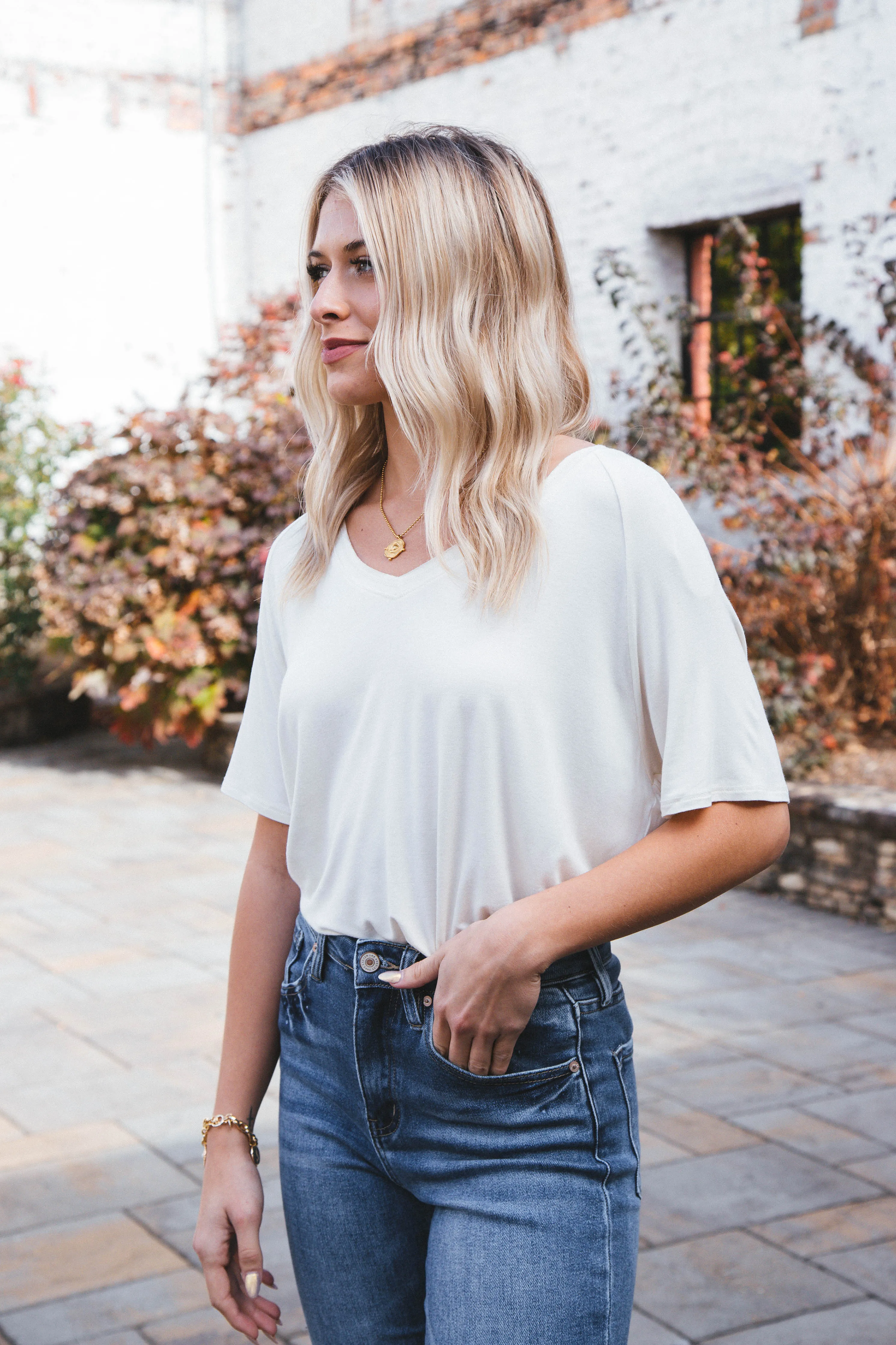 Rae Short Sleeve V-Neck Tee, Cream sold by North & Main Clothing Company