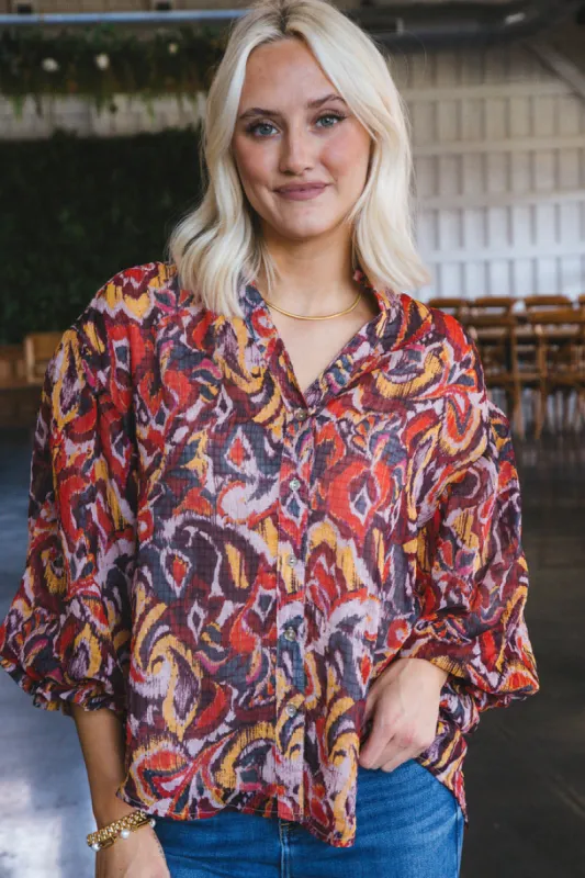 Amani Crinkle Chiffon Blouse, Red/Mustard sold by North & Main Clothing Company