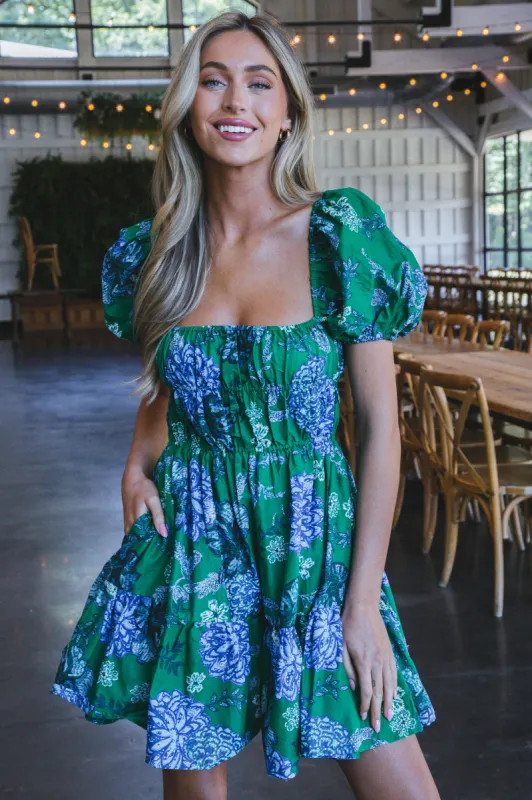 Meredith Puff Sleeve Mini Dress, Green Blue sold by North & Main Clothing Company