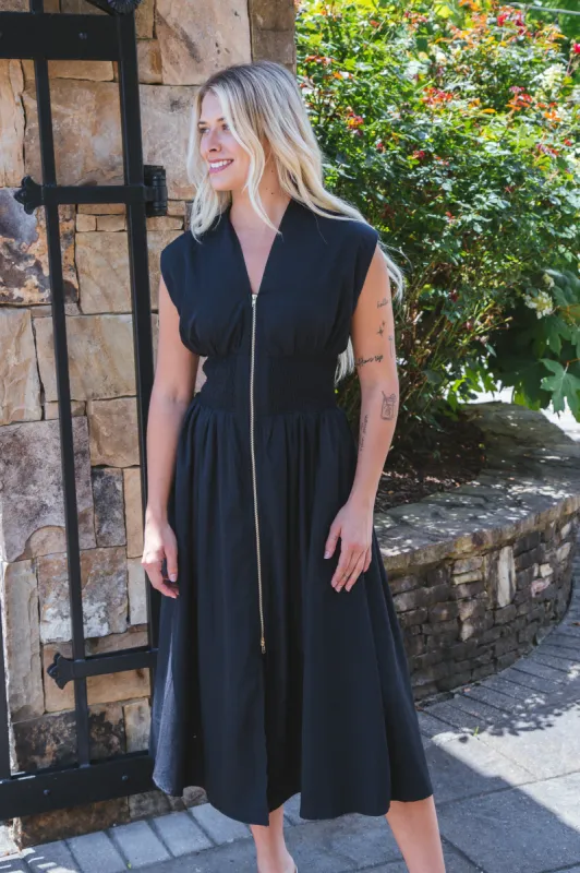 Rylie Solid Zip Up Midi Dress, Black sold by North & Main Clothing Company