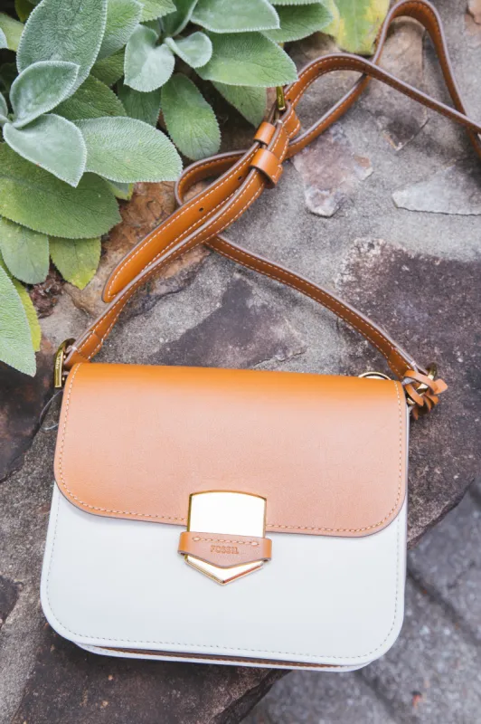 Lennox Flap Crossbody, Vanilla/Saddle | Fossil sold by North & Main Clothing Company