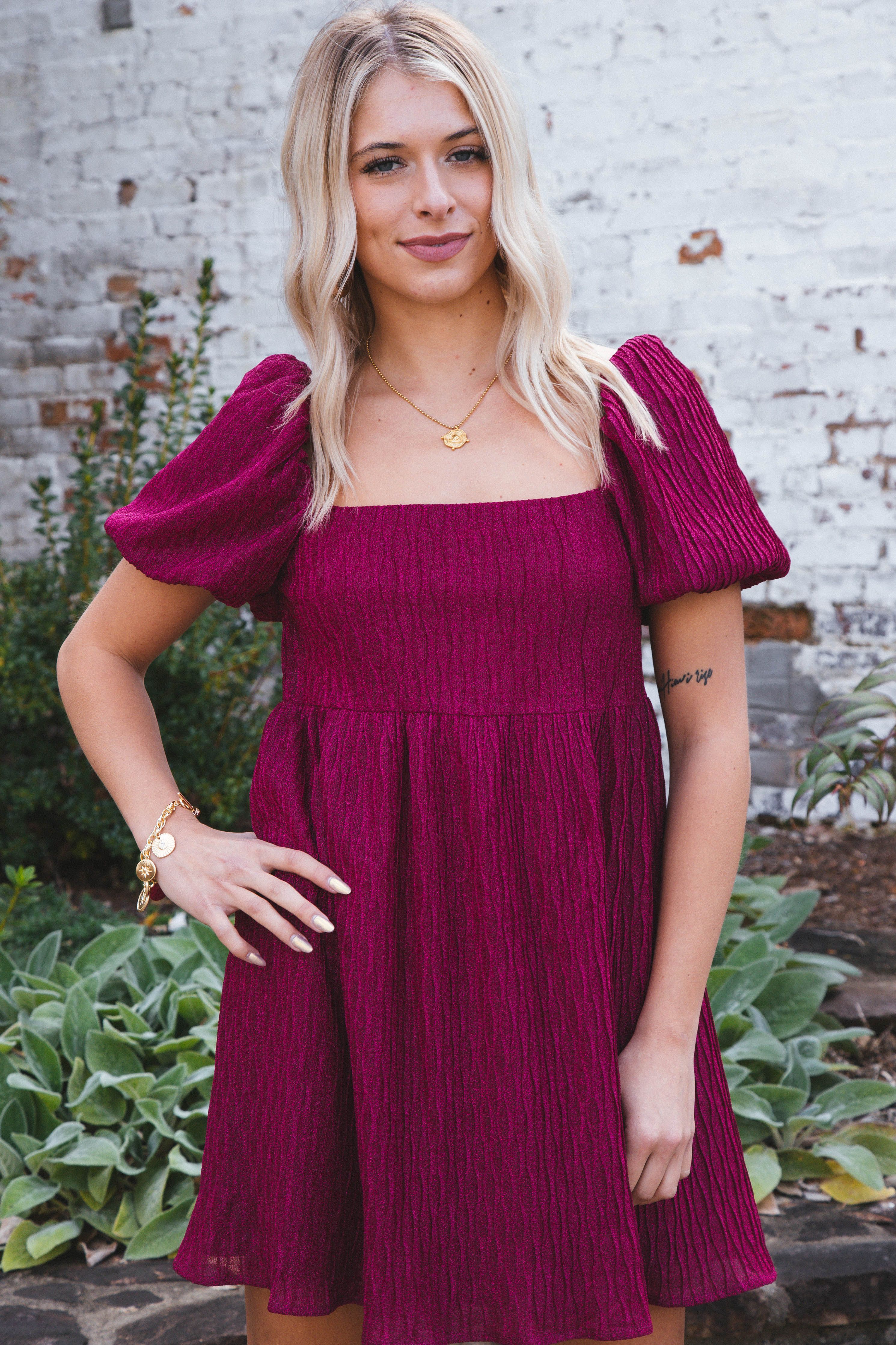 Jadah Metallic Babydoll Dress, Fuchsia sold by North & Main Clothing Company product image thumbnail 5