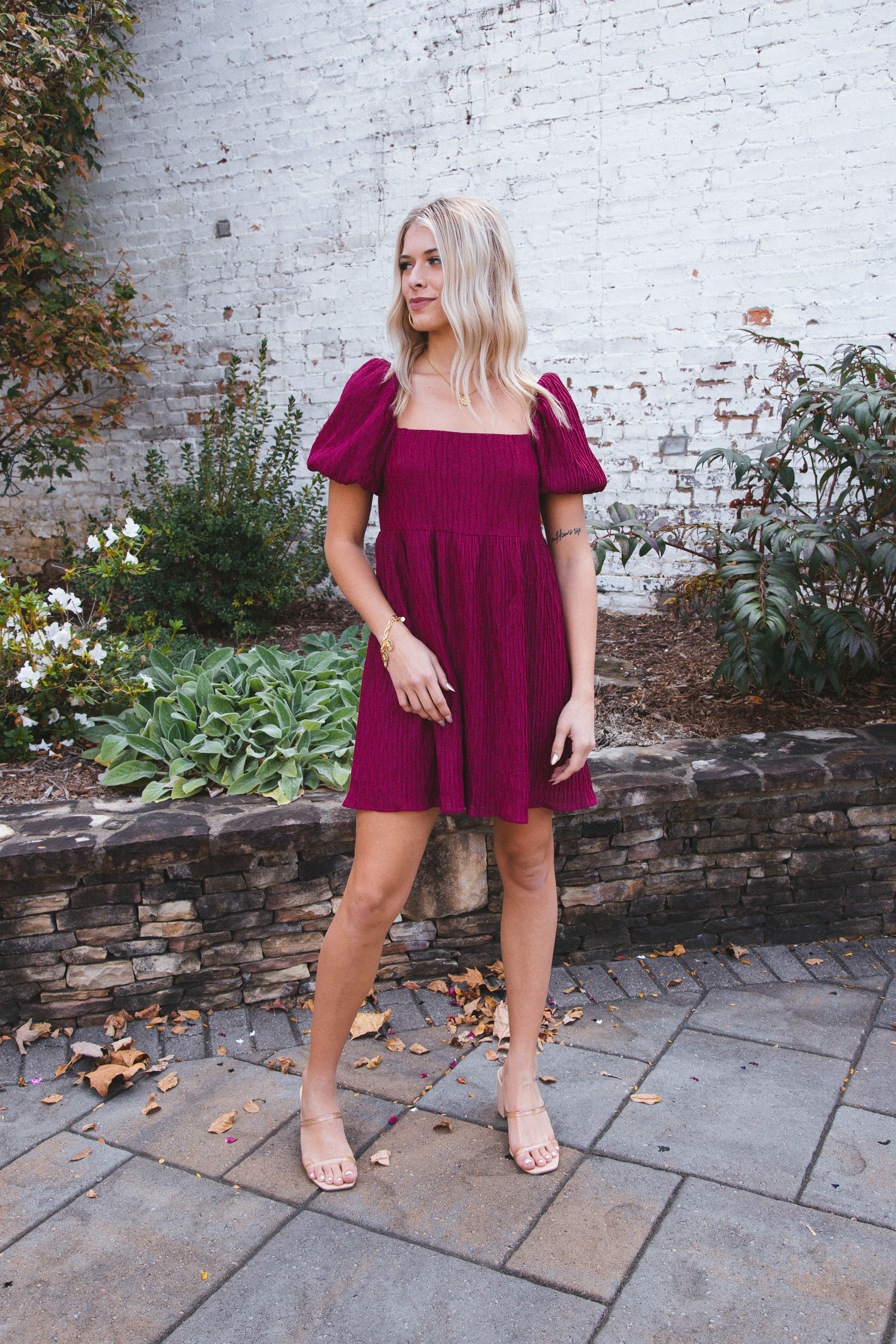 Jadah Metallic Babydoll Dress, Fuchsia sold by North & Main Clothing Company product image thumbnail 3