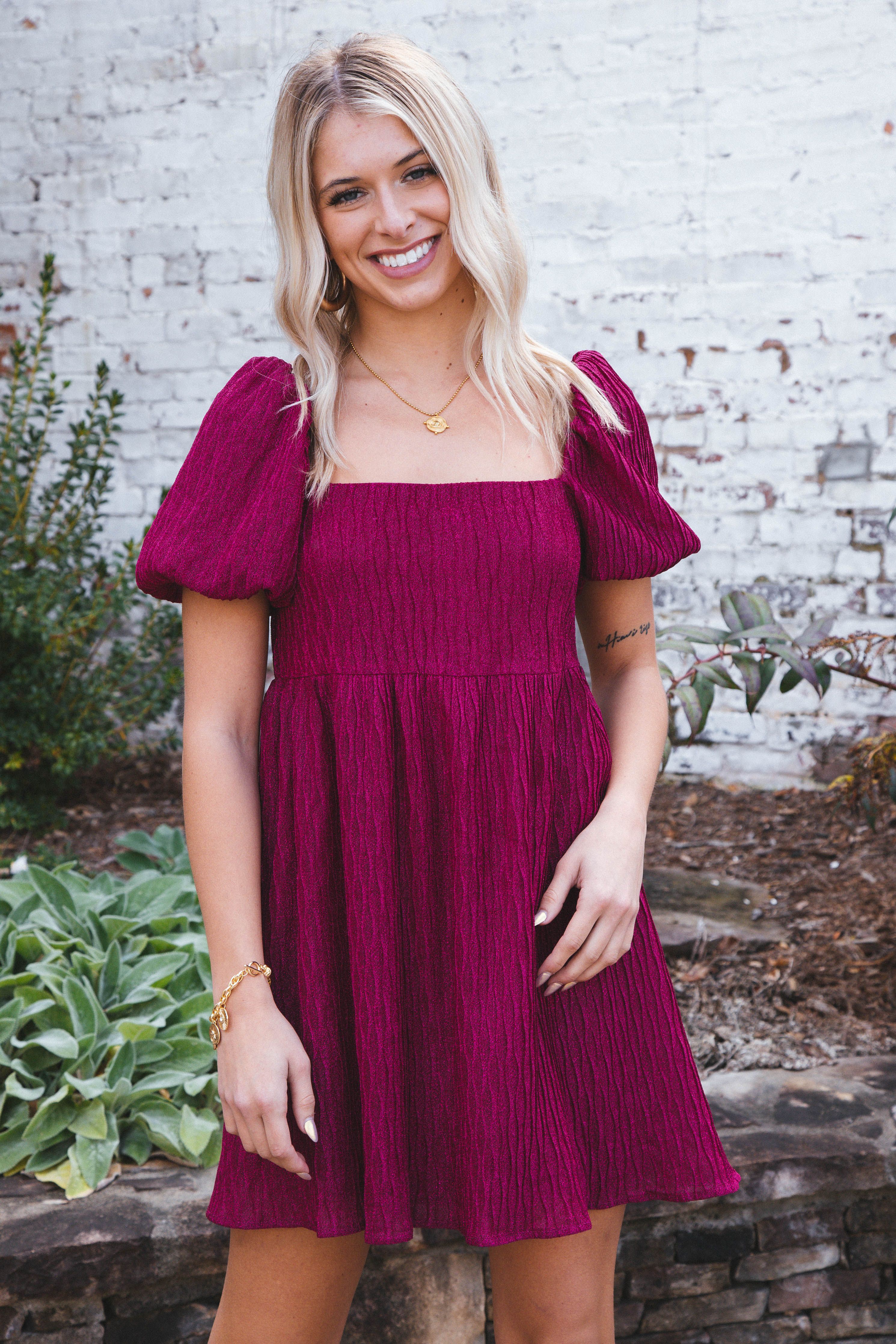 Jadah Metallic Babydoll Dress, Fuchsia sold by North & Main Clothing Company product image thumbnail 4