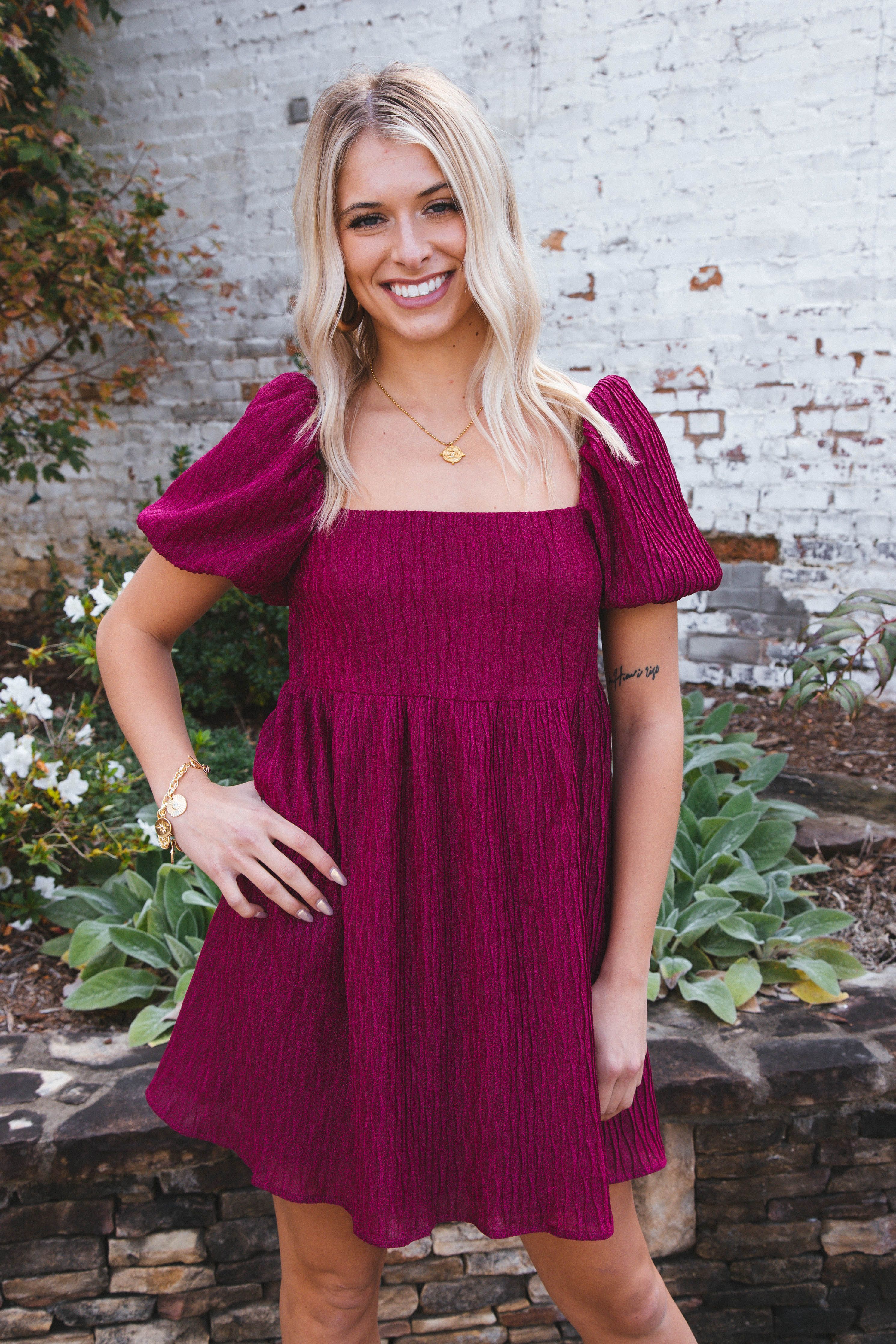 Jadah Metallic Babydoll Dress, Fuchsia sold by North & Main Clothing Company