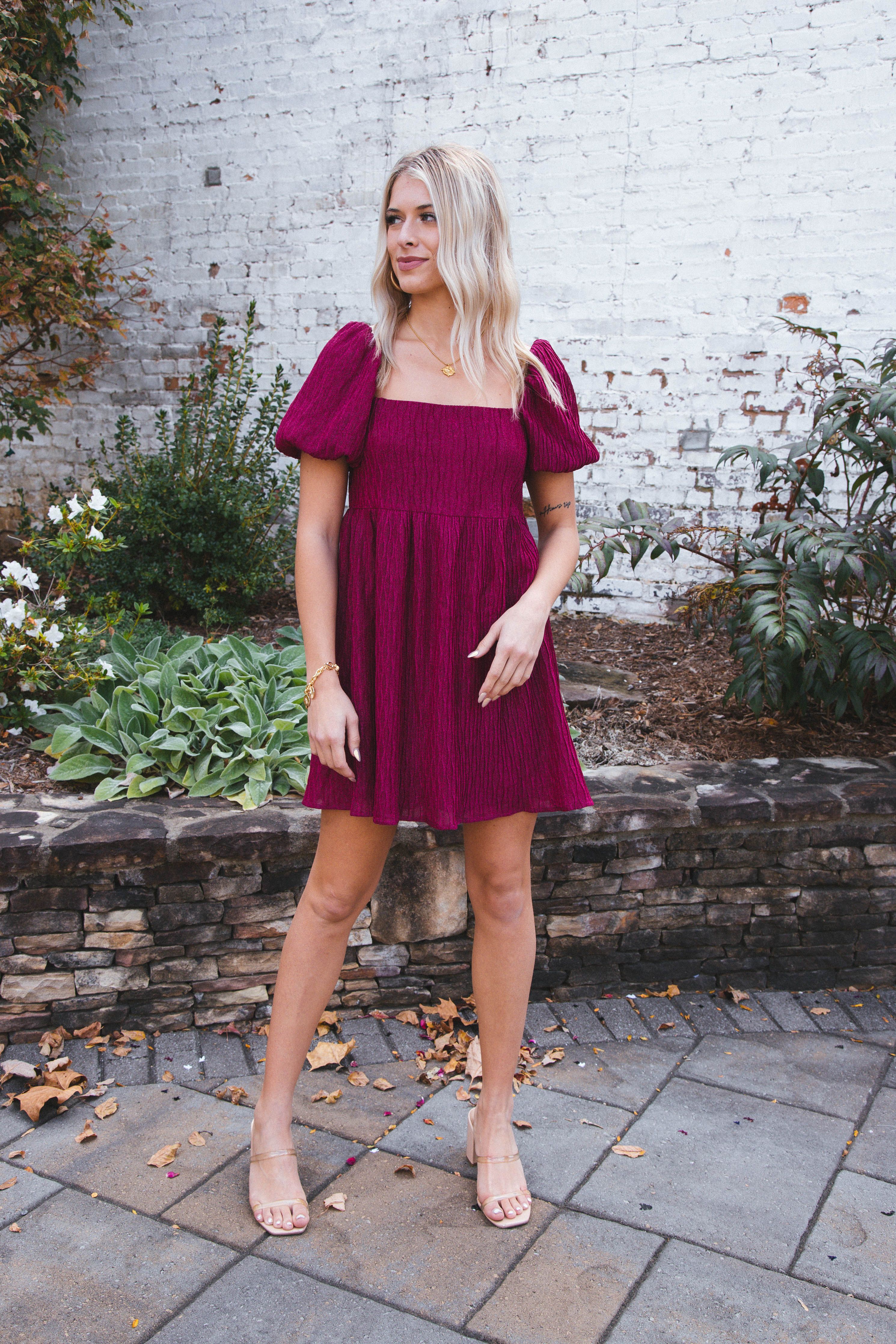 Jadah Metallic Babydoll Dress, Fuchsia sold by North & Main Clothing Company product image thumbnail 2