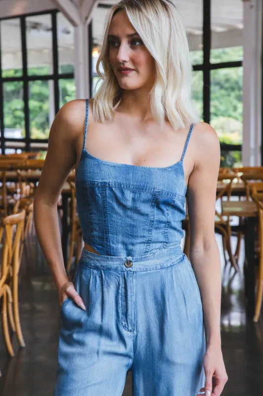 Allison Sleeveless Corset Crop Top, Chambray sold by North & Main Clothing Company