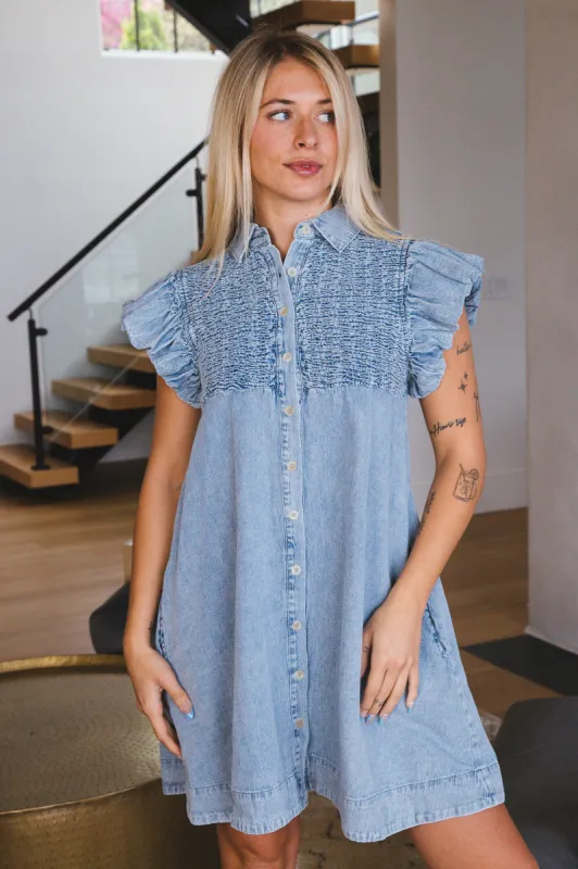 Sadie Denim Button Down Dress, Light Blue sold by North & Main Clothing Company