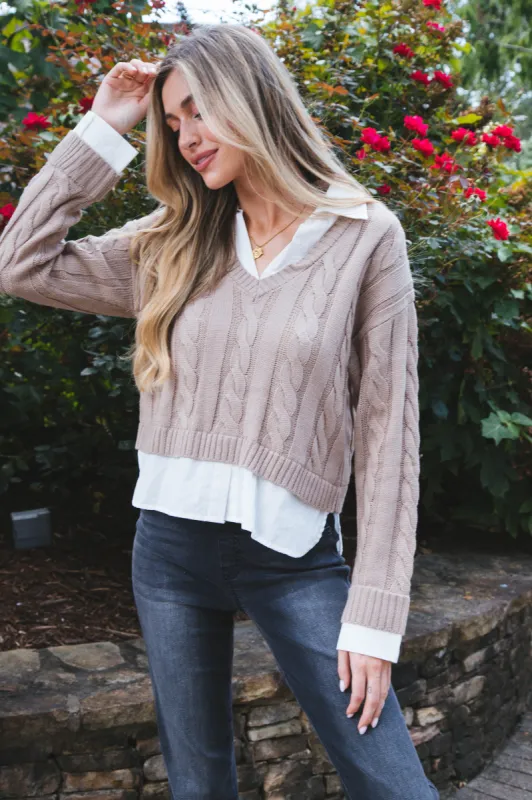 Varsity Girl Cableknit Sweater, Taupe sold by North & Main Clothing Company