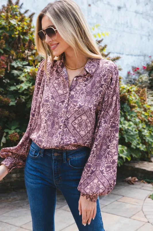 Catey Printed Top, Mauve Purple sold by North & Main Clothing Company