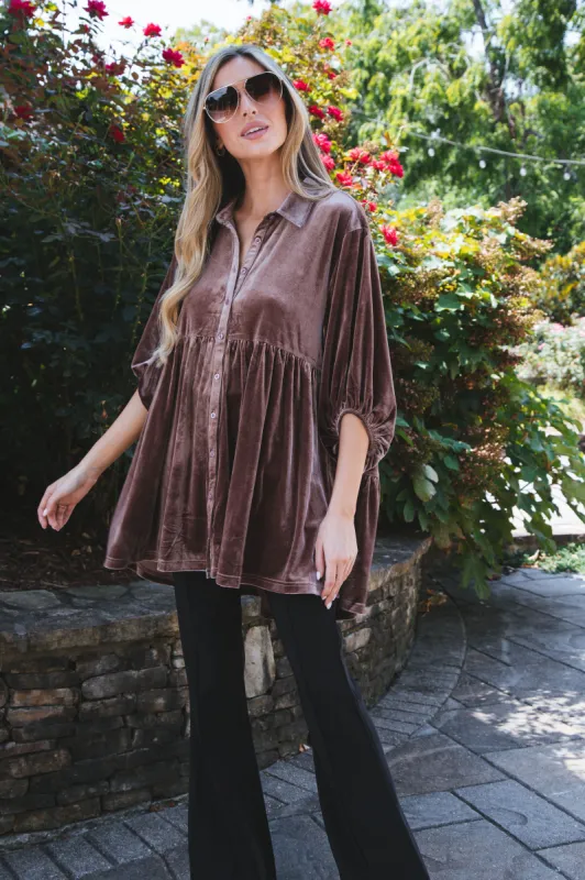 Vanna Velvet Babydoll Shirt, Almond sold by North & Main Clothing Company