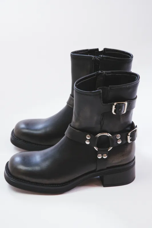 Brixton Buckle Moto Boot, Black Distress | Steve Madden sold by North & Main Clothing Company