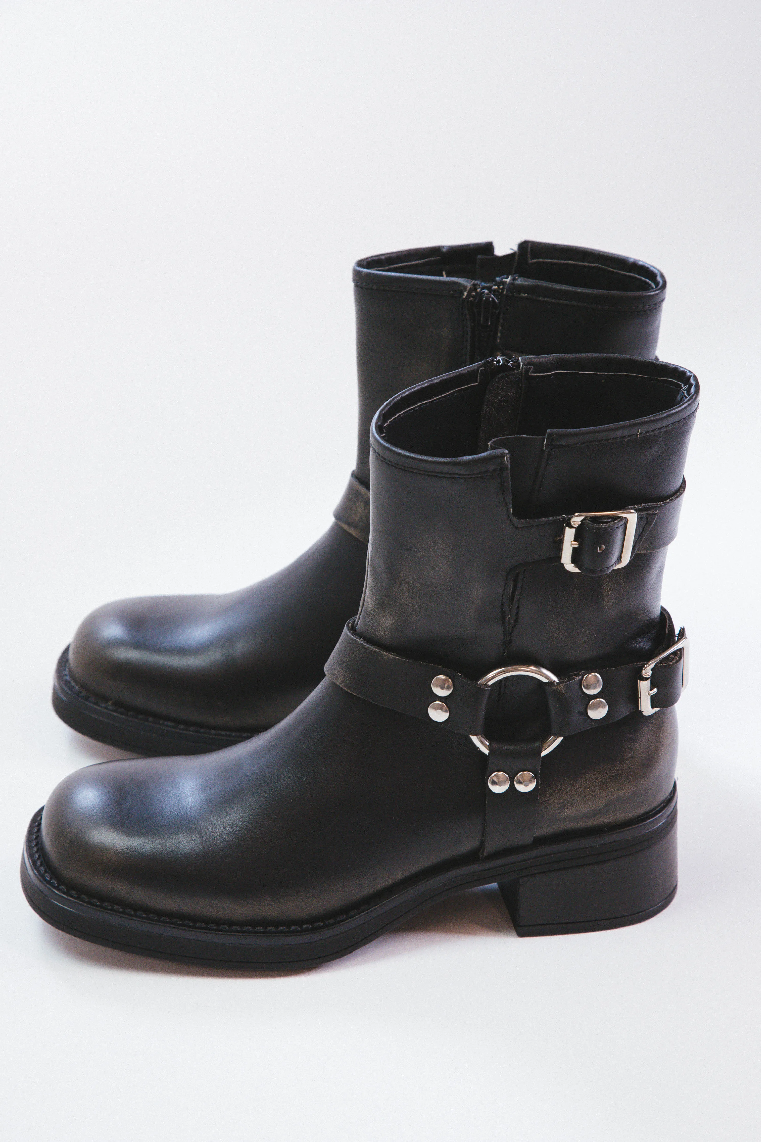 Brixton Buckle Moto Boot, Black Distress | Steve Madden sold by North & Main Clothing Company