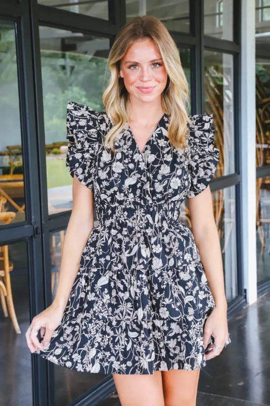 Maisie Ruffled Floral Mini Dress, Black sold by North & Main Clothing Company