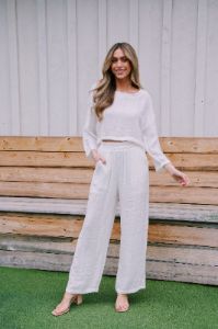 Charleston High Rise Linen Pant, White sold by North & Main Clothing Company