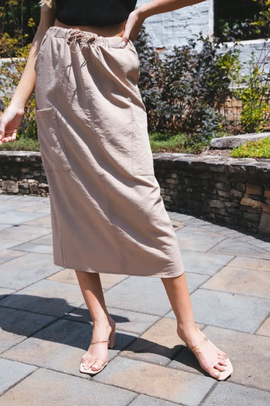 Dare to Dream Cargo Midi Skirt, Taupe sold by North & Main Clothing Company