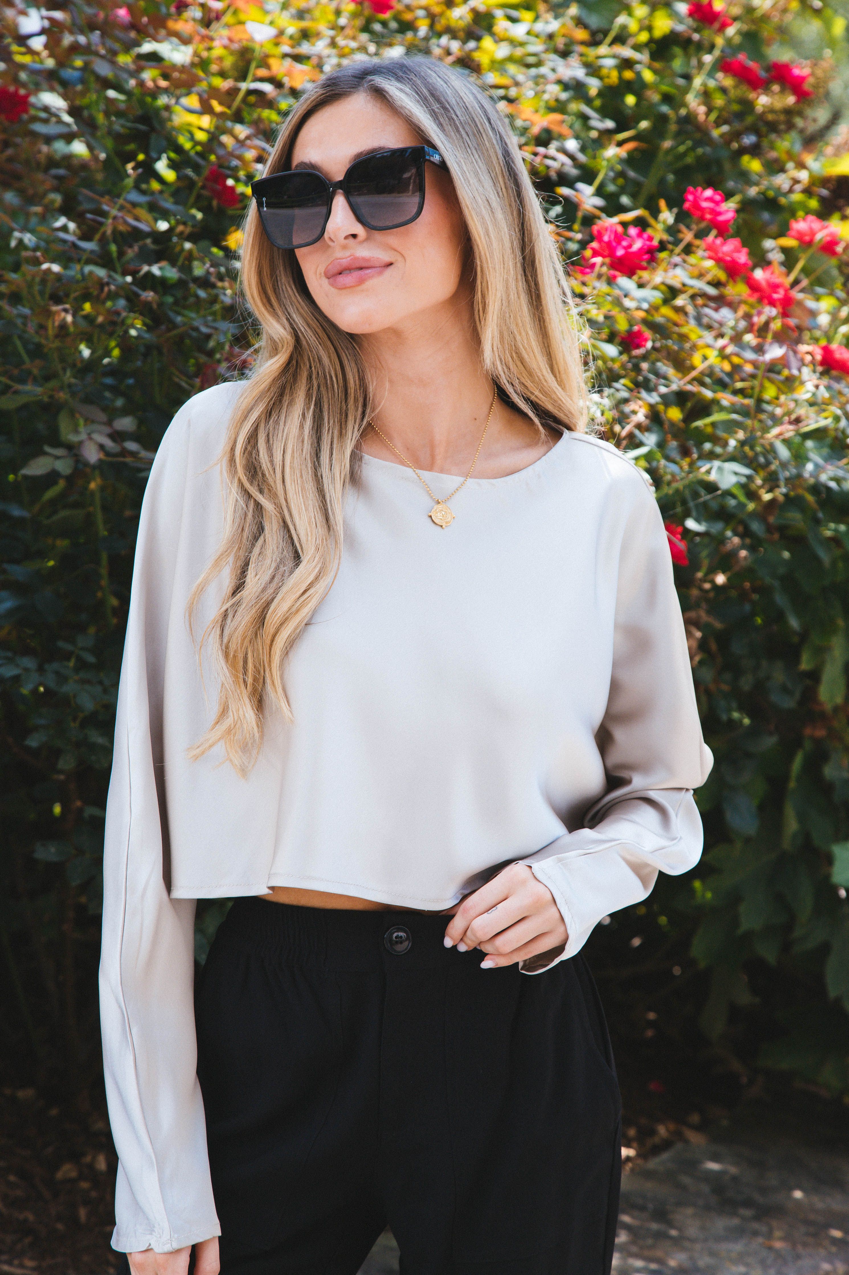 Daydream Cropped Satin Top, Taupe sold by North & Main Clothing Company